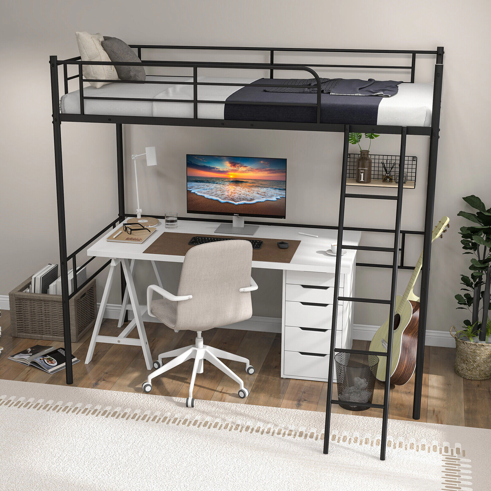 SUGIFT Metal Twin Loft Bed Frame with Guardrail and Ladder 330-lb Capacity Twin Size Black
