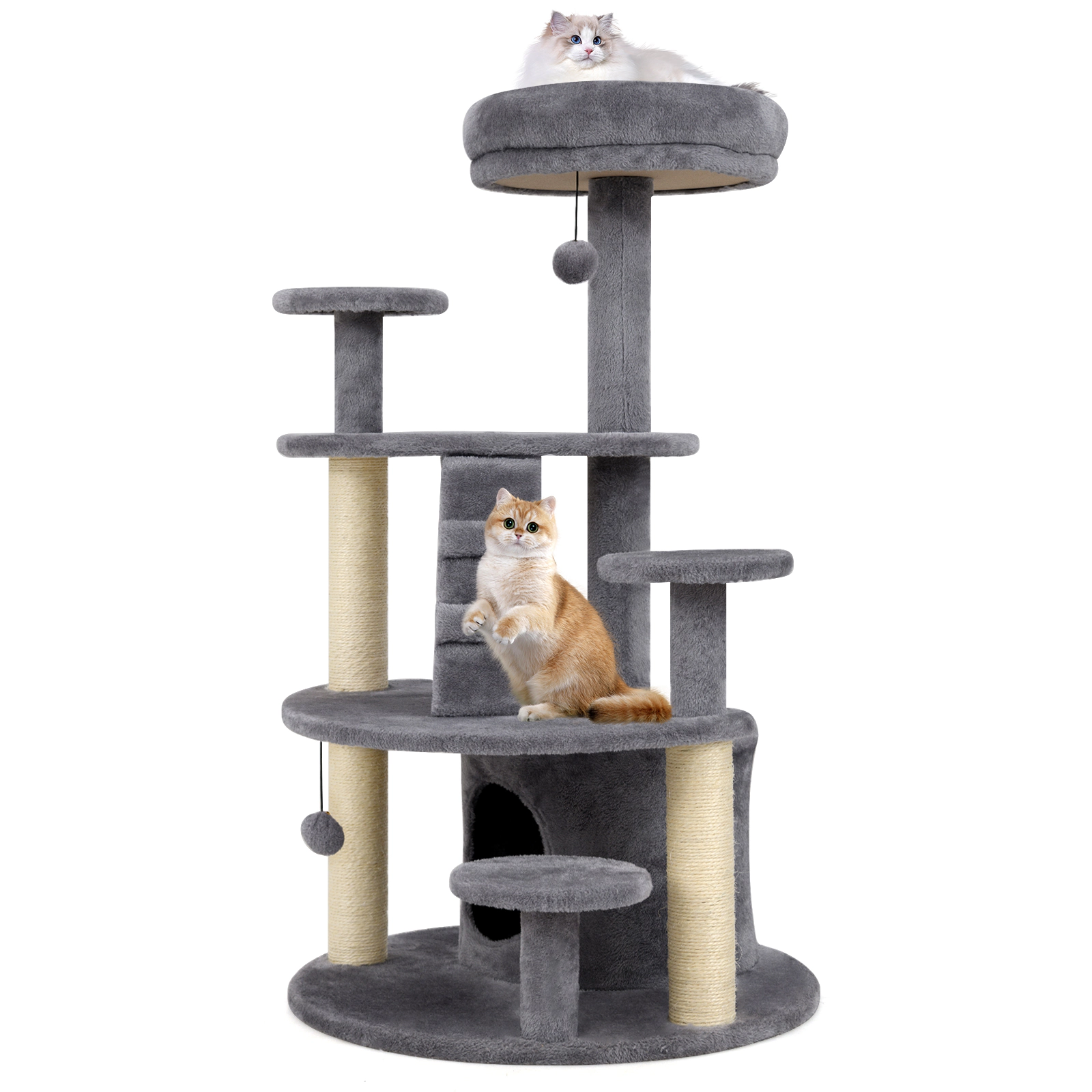 Glintex 40-Inch Cat Tower with Curved Bridge 3 Round Perches and Climbing Ladder, Gray