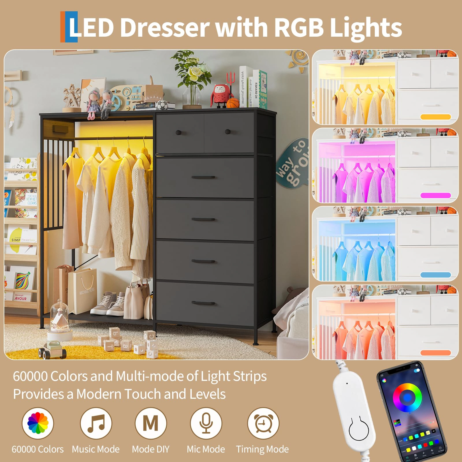 49.2" Dresser with Hanging Rack, 6 Fabric Drawers, LED Lights & Charging Station