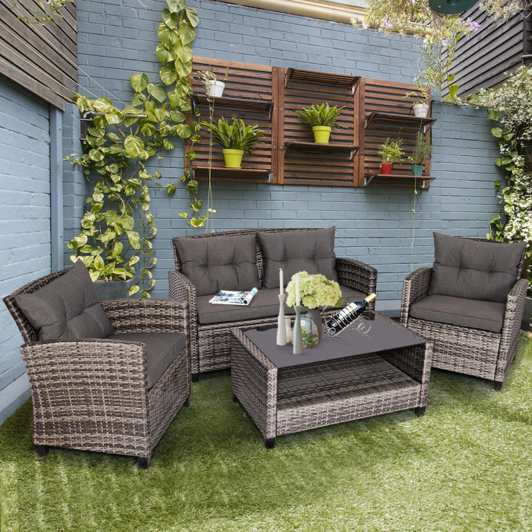 Hivvago 4 Pieces Patio Rattan Furniture Set Coffee Table Cushioned Sofa