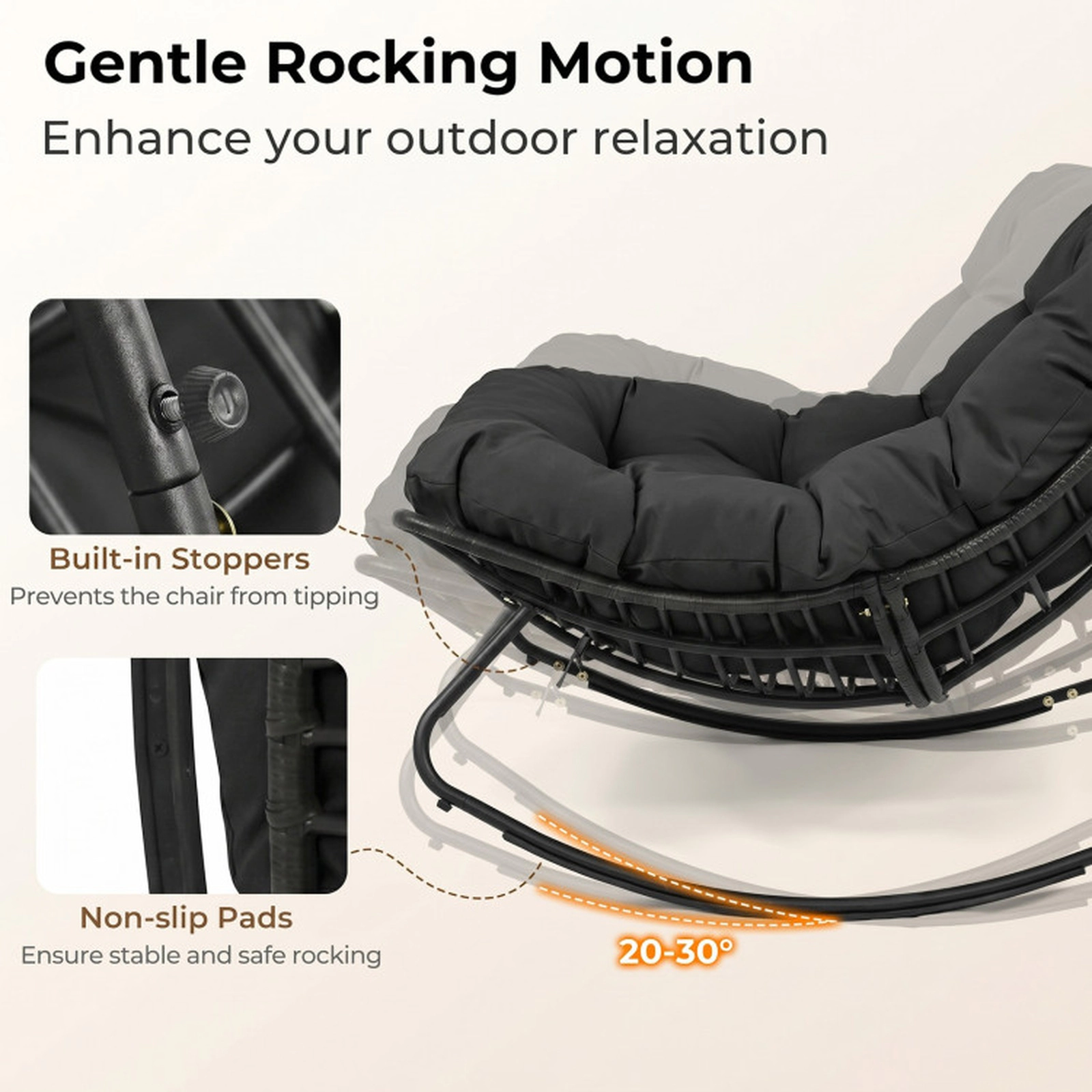 SUGIFT Thick Removable Cushion and Metal Frame Outdoor Papasan Rocking Chair