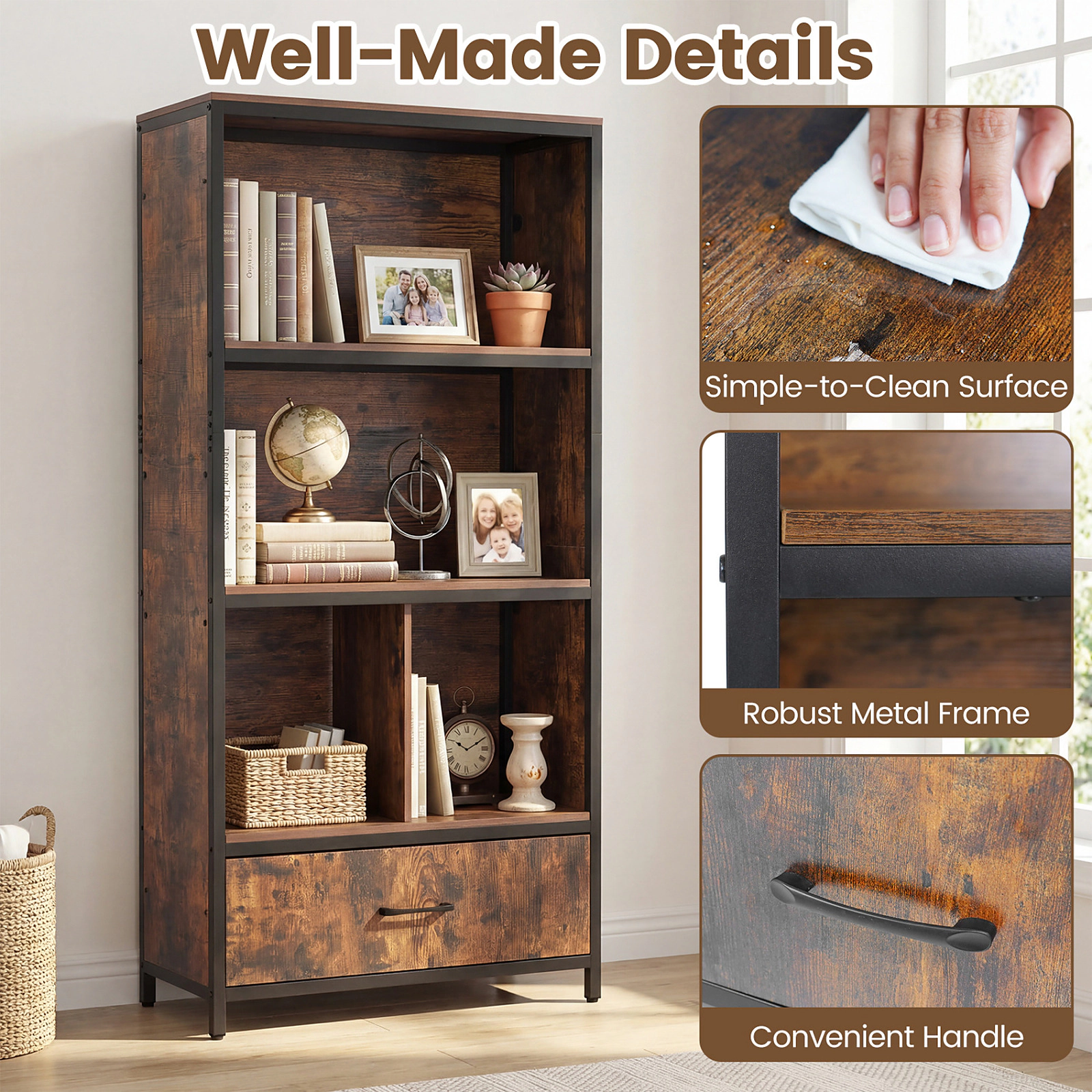 SUGIFT Rustic Brown Bookcase with Removable Fabric Drawer 27-in W 12-in D 56-in H 44-lb Per Large Compartment