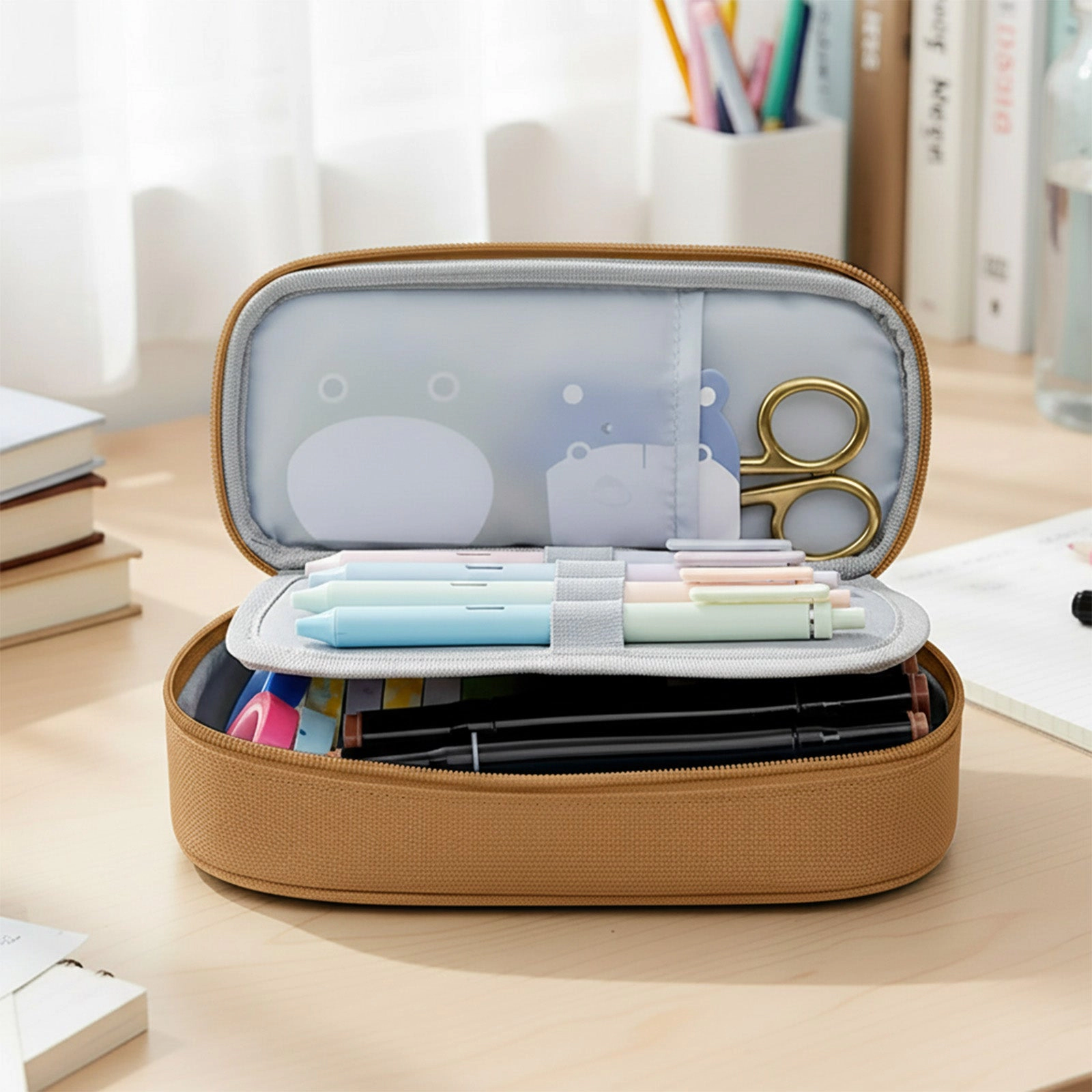 Wrapables Large Capacity Double-Compartment Pencil Case, Khaki