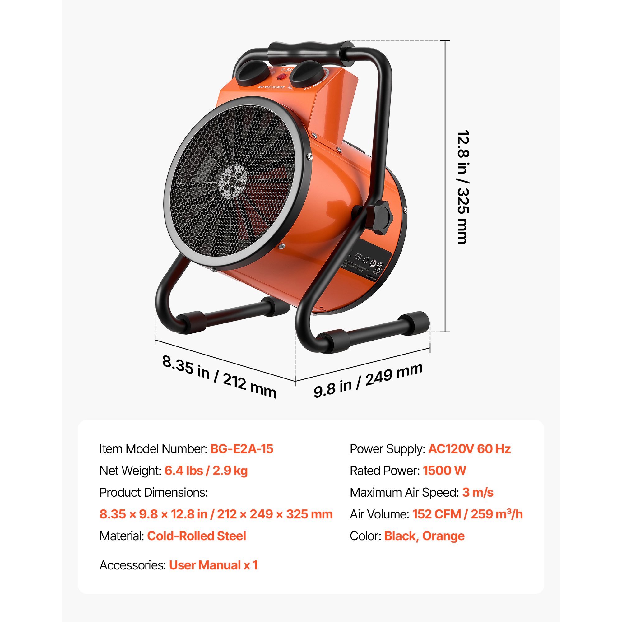 HONGGE Greenhouse Heater, 1500W Electric Space Heater with Fan, High Heat Modes, Overheat Protection, for Grow Tent