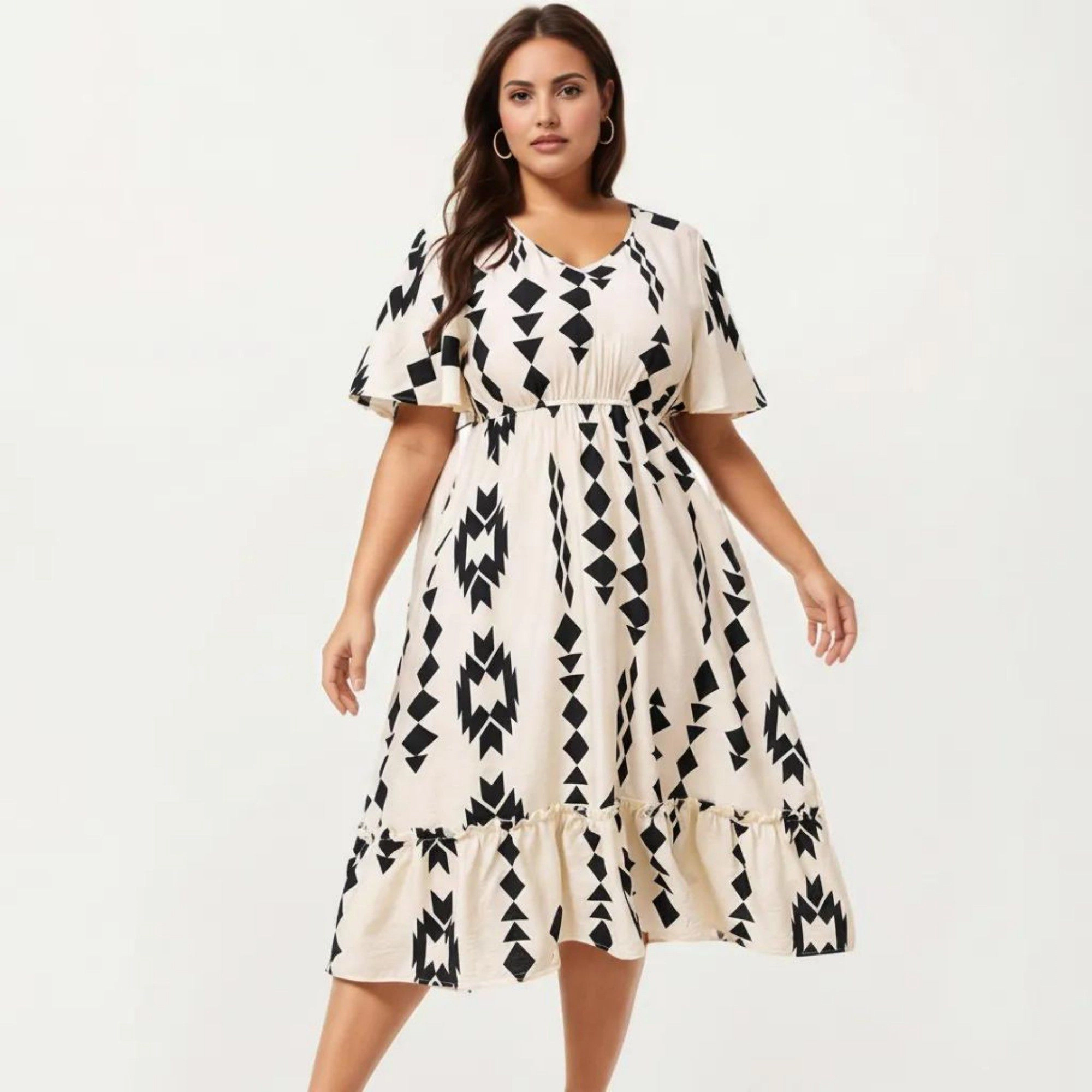 Anna-Kaci Women's Short Sleeve V Neck Elastic Waist Geometric Print Tiered Hem Flowy A Line Midi Dress