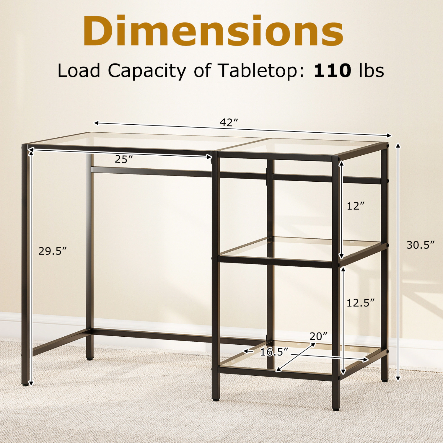 LJG Modern Console Table with 2 Open Shelves and Metal Frame