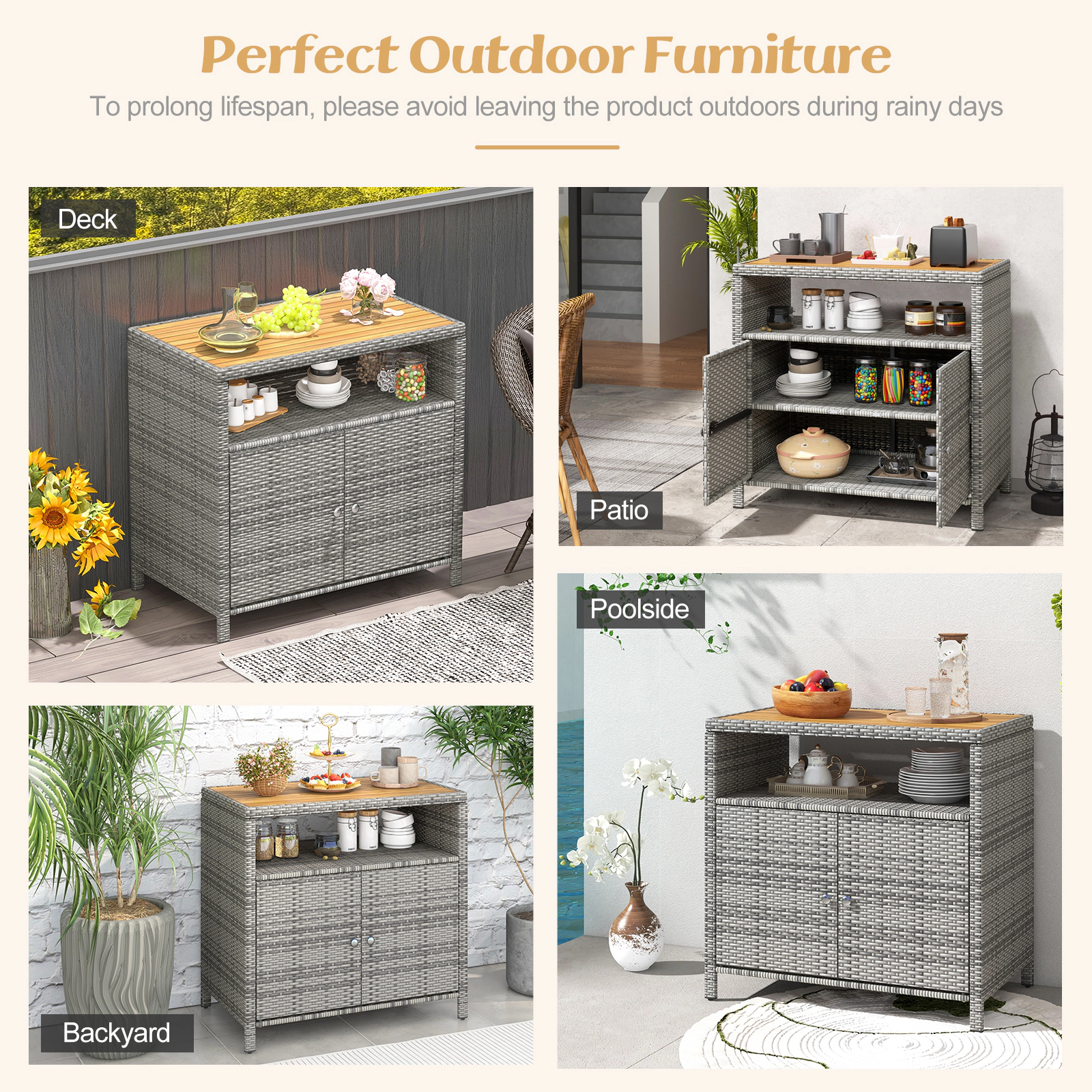 Glintex 35.5-Inch Outdoor Rattan Cabinet with Acacia Wood Countertop, Mixed Gray + Natural