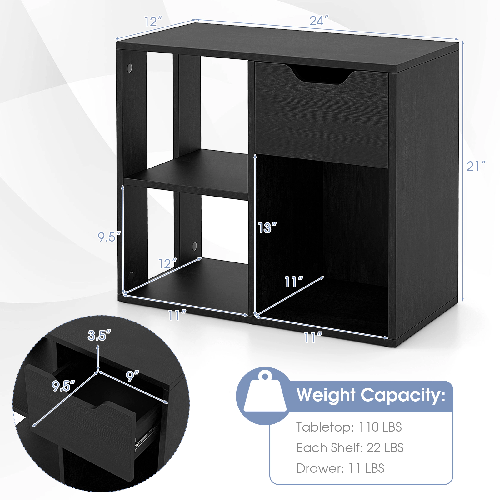 SUGIFT 3-Cube 2-Tier Engineered Wood MDF Bookcase with Pull-Out Drawer 110-lb Top Capacity Black