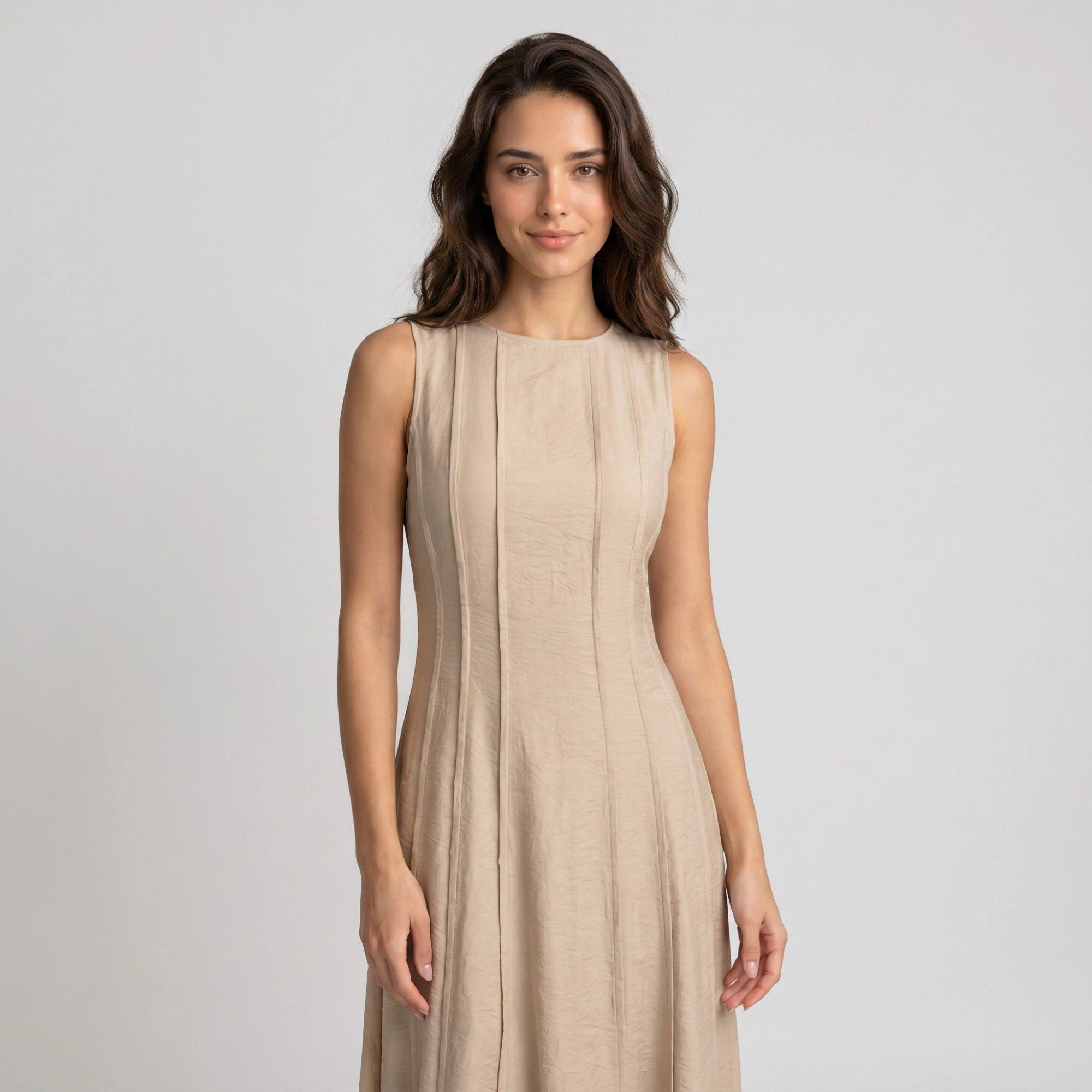 Anna-Kaci Women's Sleeveless Round Neck Panel Seam Fitted A-Line Skirt Woven Drape Maxi Dress