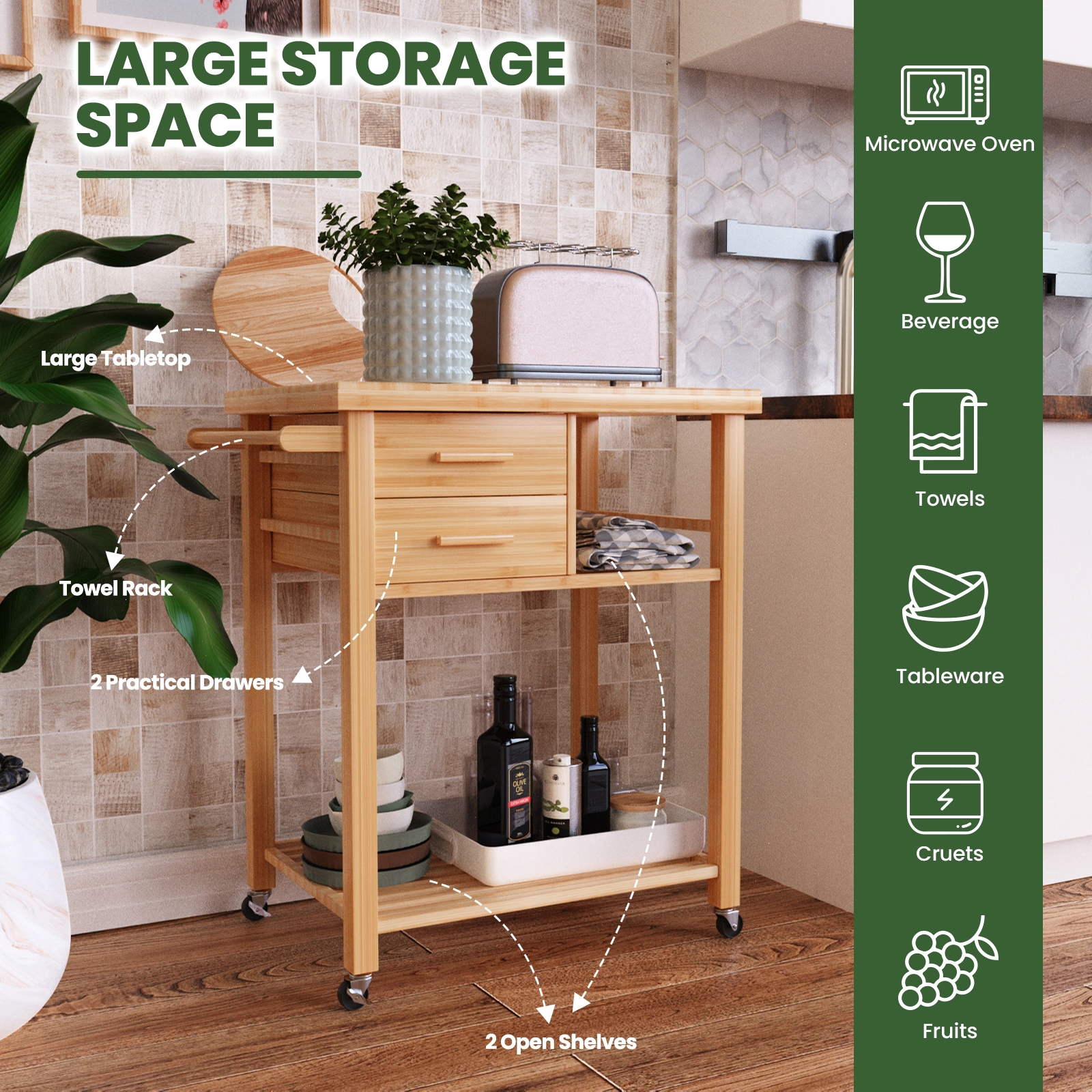 SUGIFT Bamboo Kitchen Trolley Cart Natural with Tower Rack Drawers and Casters