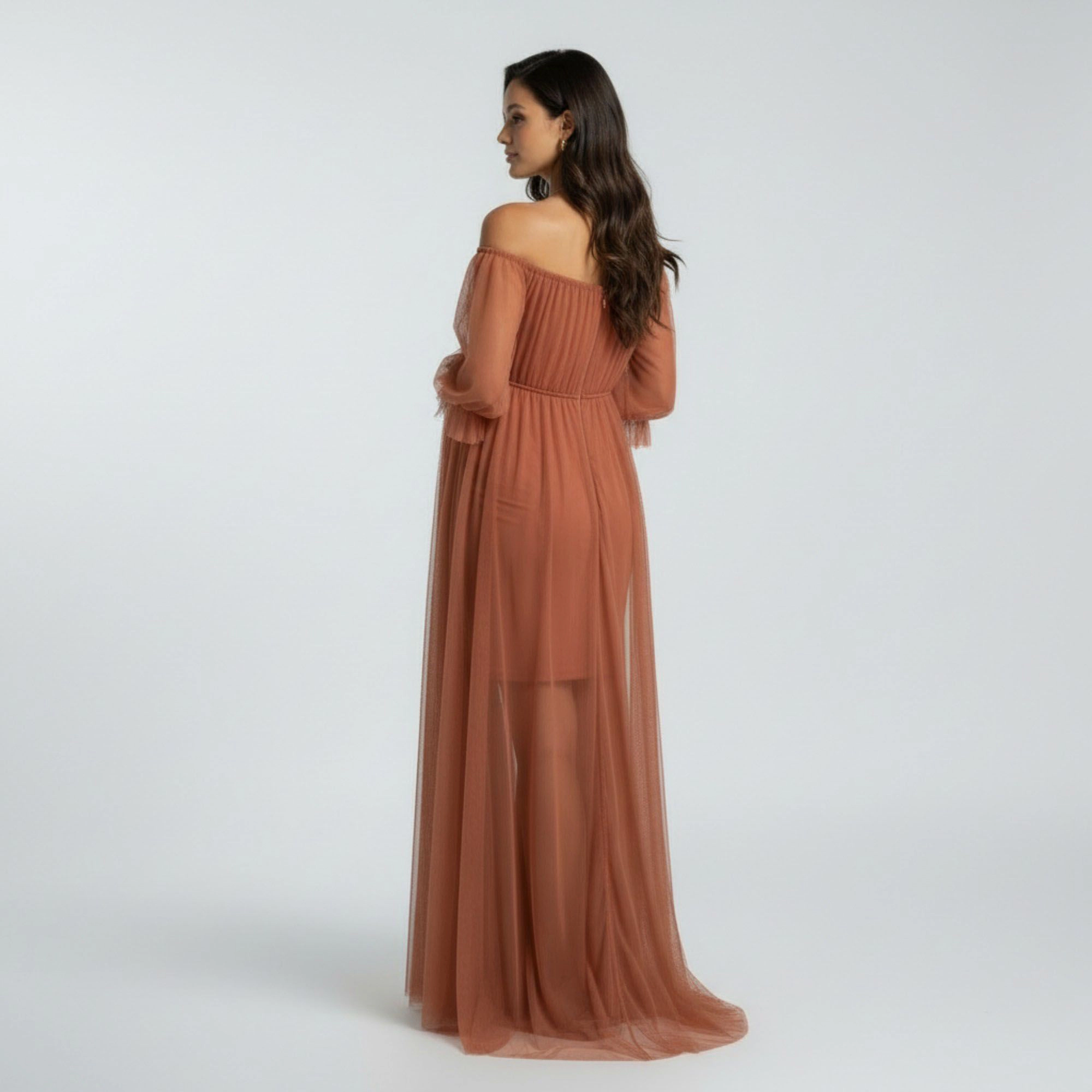 Anna-Kaci Women's Maternity Off Shoulder Mesh Sheer Overlay Empire Waist Flowy Formal Maxi Dress
