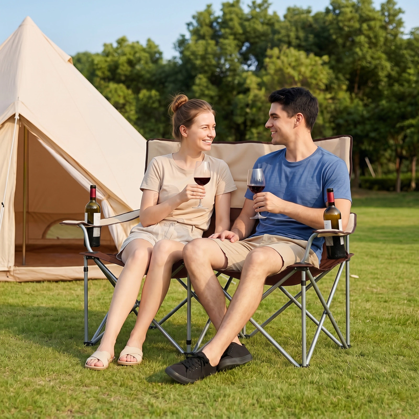 SUGIFT Folding Double Camping Chair with Carry Bag and Cup Holders 660-lb Capacity Brown + Khaki