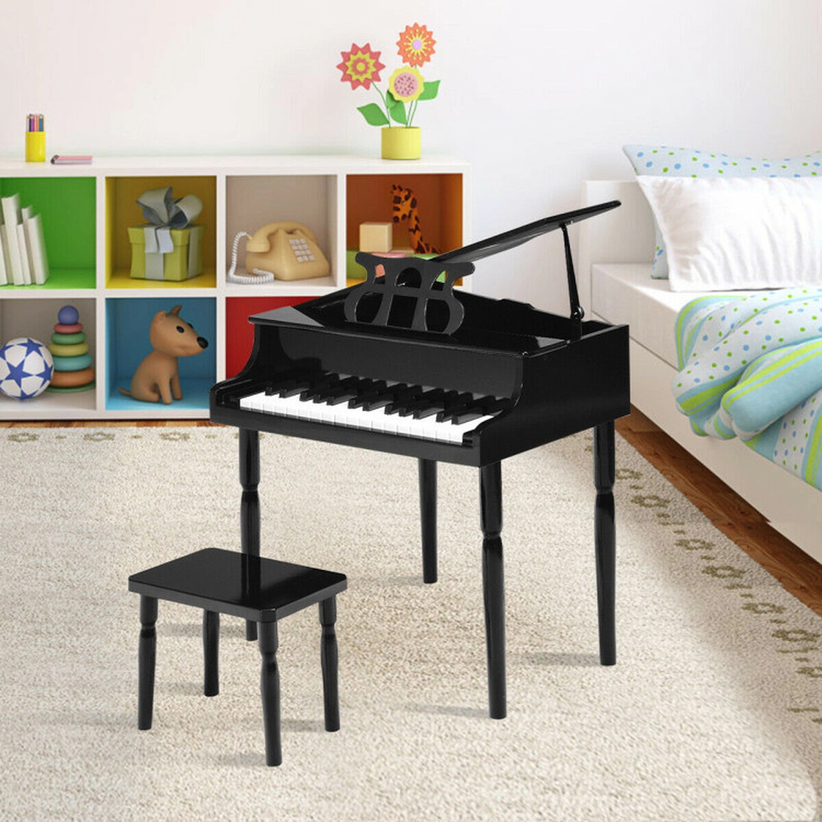 SUGIFT Black 30-Key Wood Kids Grand Piano with Bench Music Rack and Environmentally Friendly MDF Build