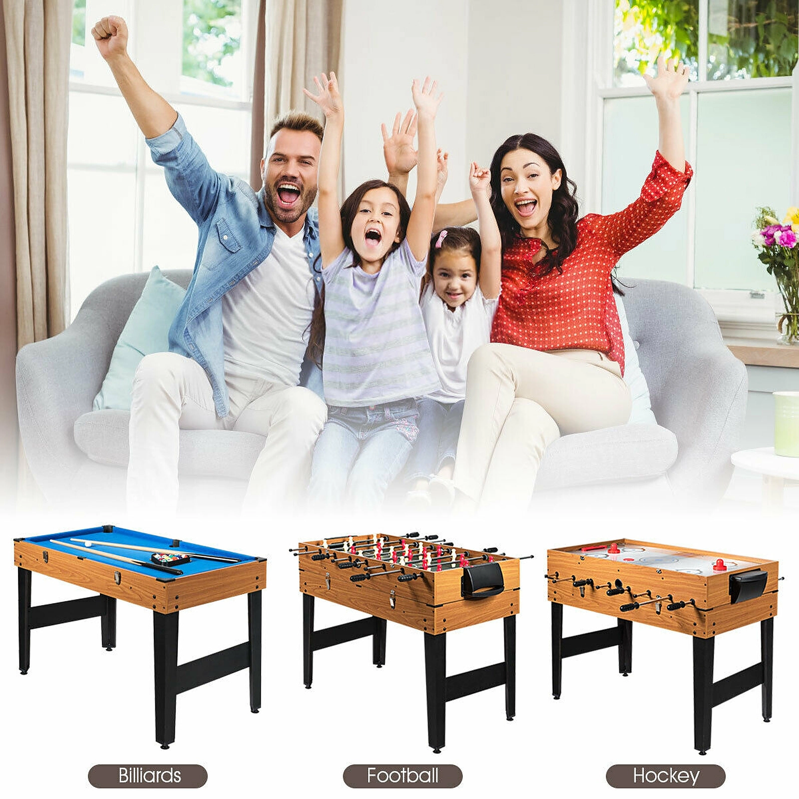 SUGIFT Natural 3-in-1 Combo Game Table with Foosball Pool and Air Hockey 48-in W 23-in D 32.5-in H