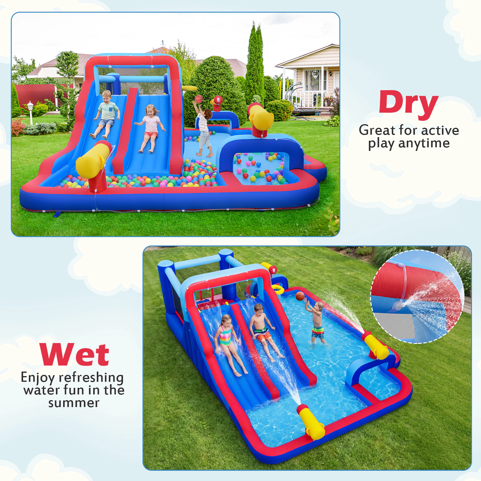 LJG Kids Inflatable Water Slide Park Giant Bounce House with Double Slides with 750W Blower