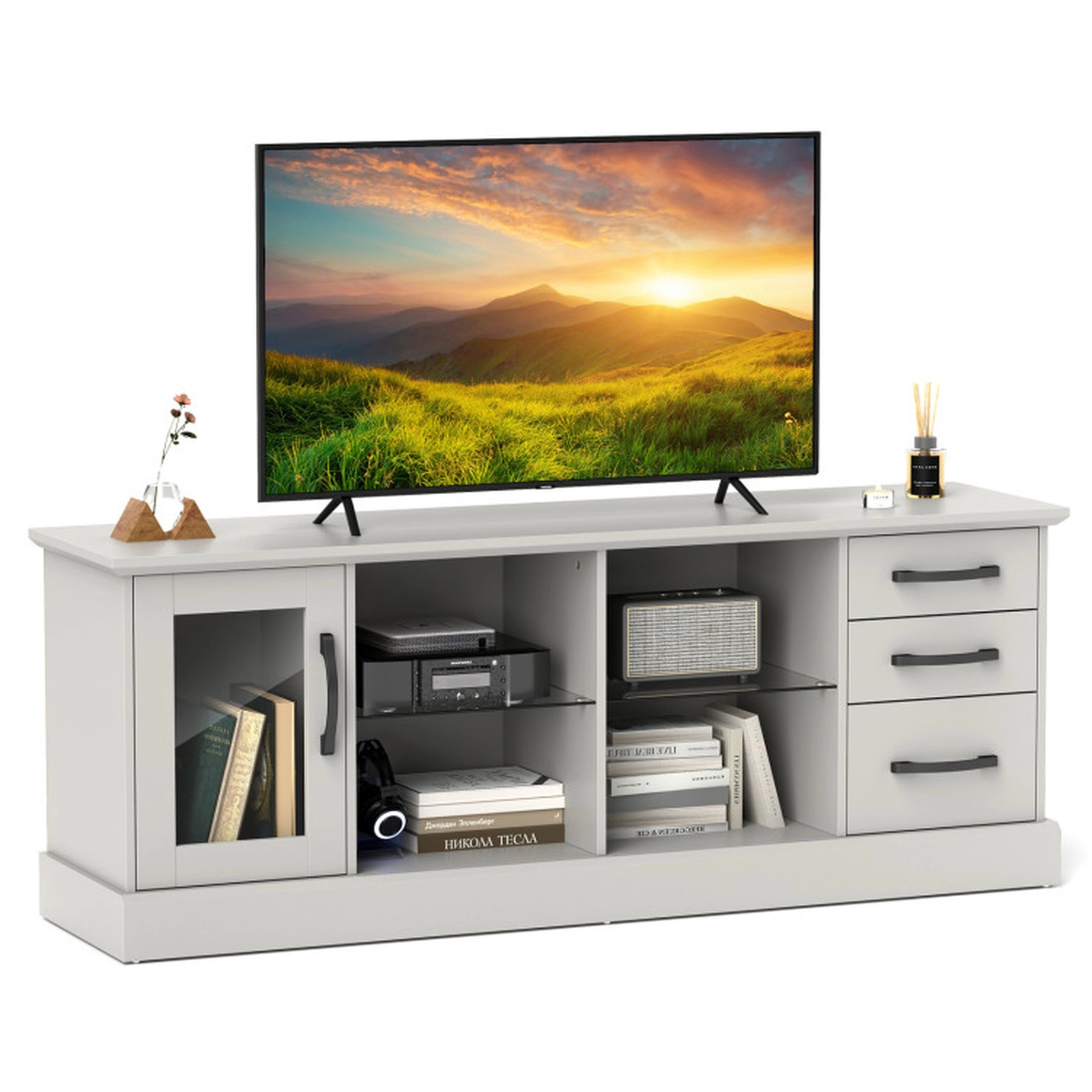 SUGIFT 63-in Media Console TV Stand Table with 3 Drawers and 2 Glass Shelves 550-Lb Countertop Capacity Black/Gray