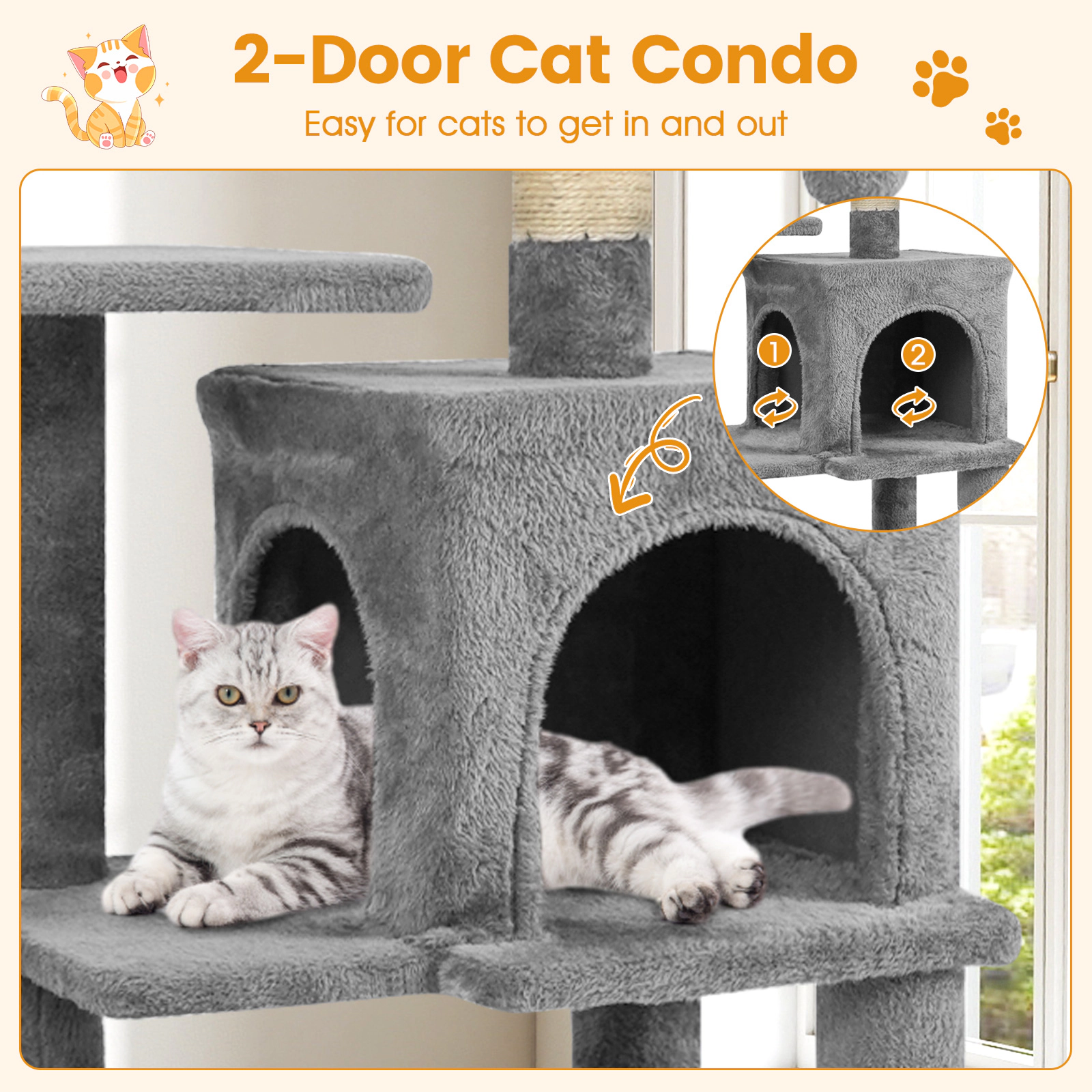 SUGIFT Multi-Level Cat Tower with 2-Door Condo and Padded Top Perch with Hammock and Scratching Posts Light Gray