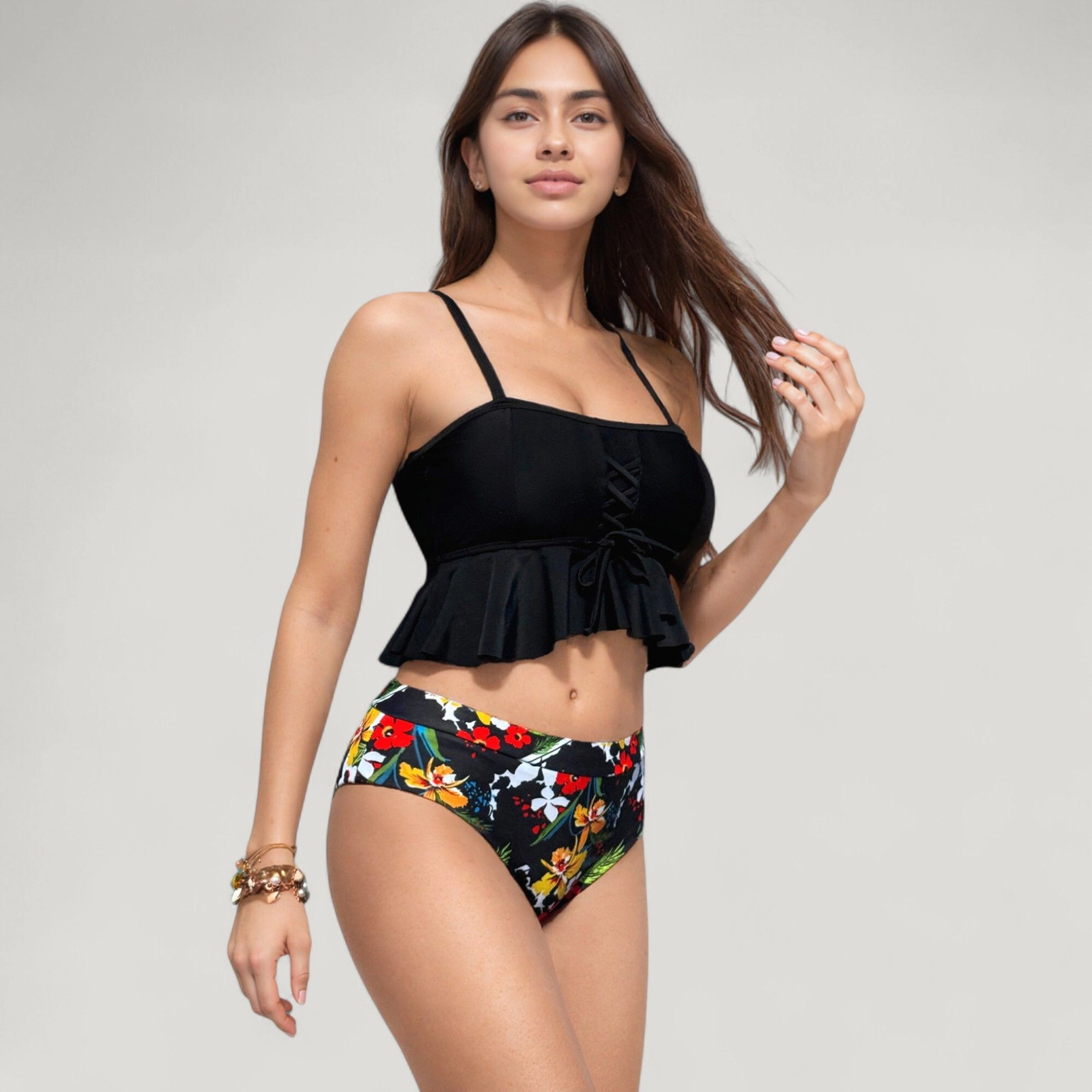 Anna-Kaci Women's Peplum Lace-Up Tankini Top, High-Waist Floral Bikini Bottom Two-Piece Swimsuit