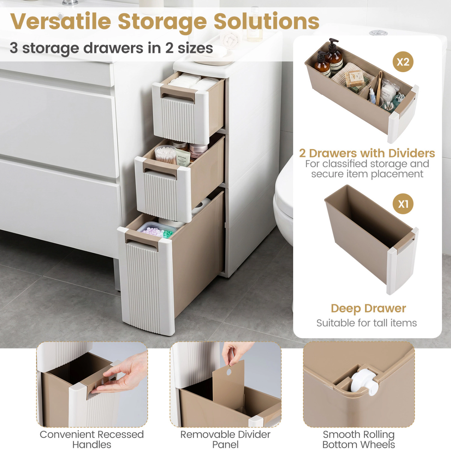 SlickBlue 3-Drawer Slim Storage Cabinet, Narrow Rolling Organizer