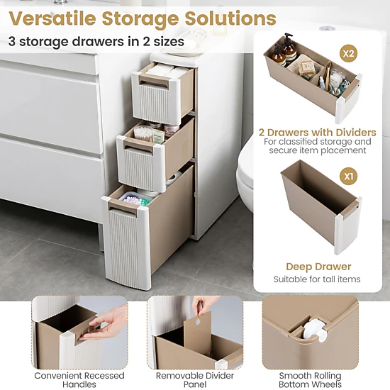 SlickBlue 3-Drawer Slim Storage Cabinet, Narrow Rolling Organizer