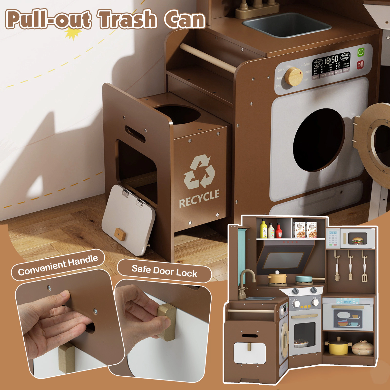 SUGIFT Corner Kitchen Toys with Lights and Sounds with Pull-Out Trash Can and Stoves Ages 3+ Off White/Coffee/Pink