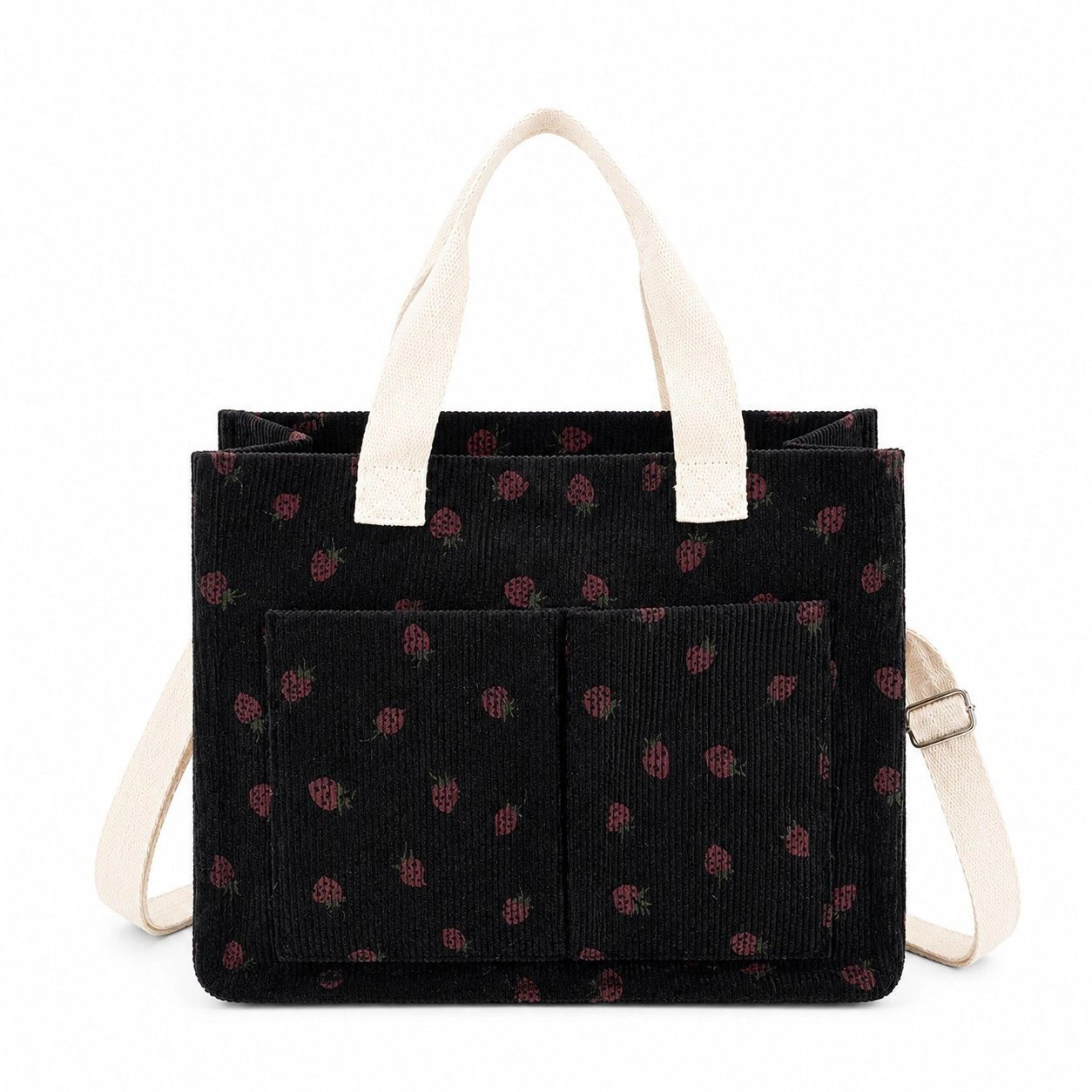 Alilang Women's Canvas Strawberry Print Tote Bag with Shoulder Strap and Side Pockets, Pink