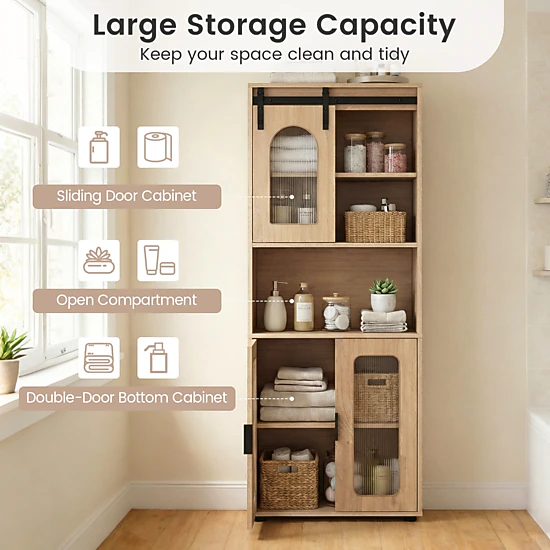 Glintex Farmhouse Bathroom Cabinet with Sliding Barn Door and Translucent Panel