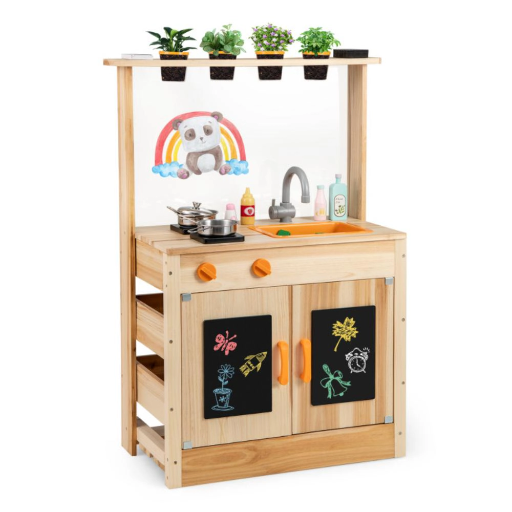 Hivvago Kids Mud Kitchen Fir Wood Playset with Planting Pots and Blackboards-Natural
