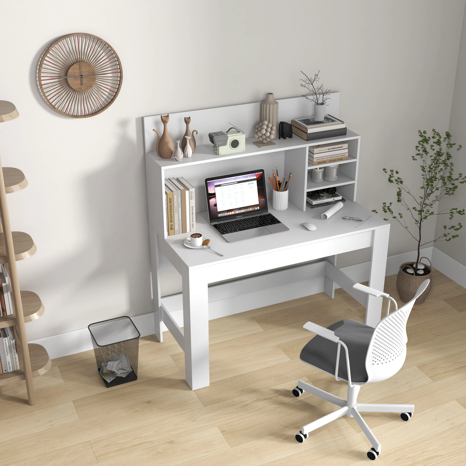 SUGIFT Writing Computer Desk Bookshelf 100-lb Desktop Capacity Anti-Tipping Kits Cable Management Hole Rustic Oak White