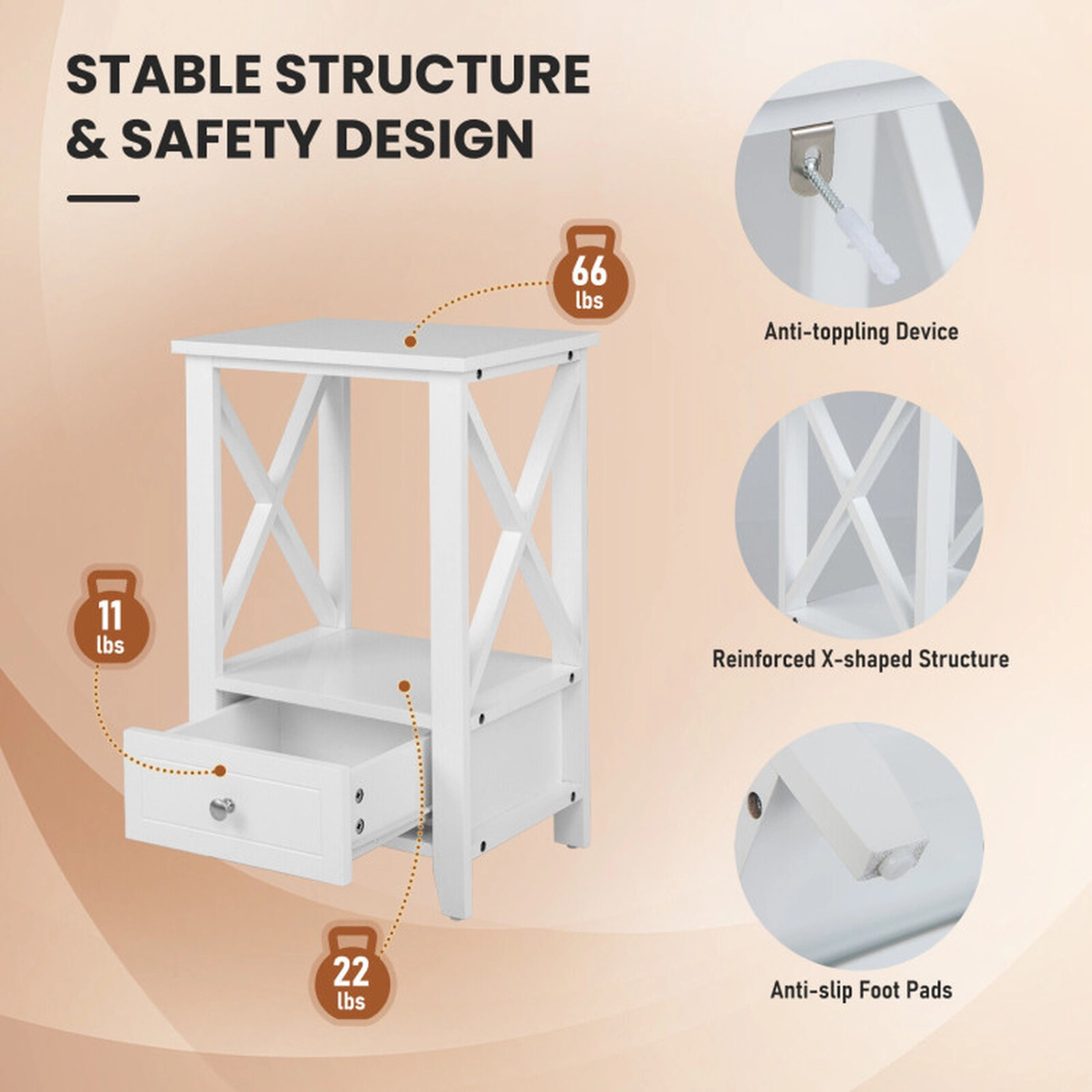 SUGIFT 2-Tier MDF Nightstand with Storage Drawer and Open Shelf 66-lb Tabletop Capacity White