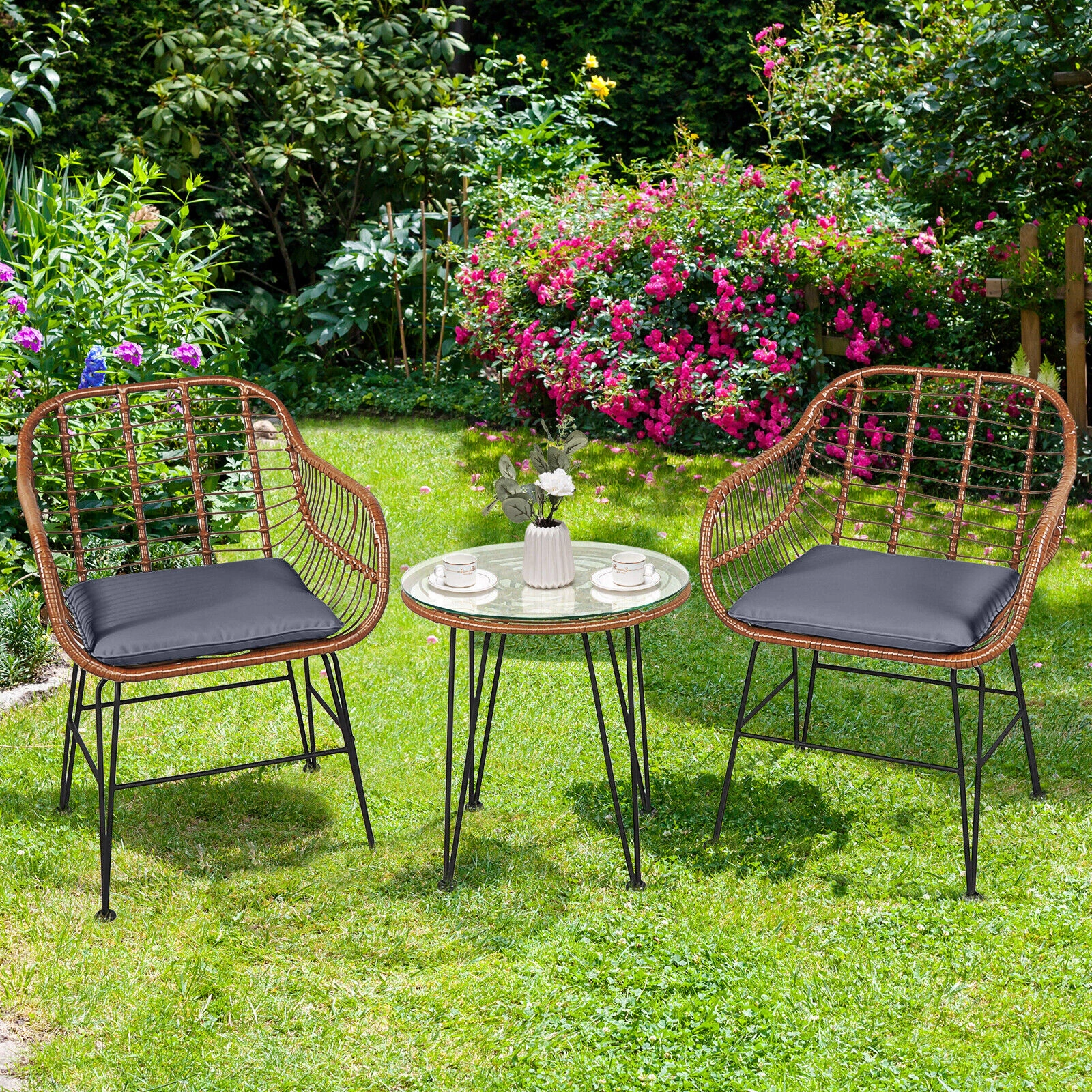 LJG 3 Pieces Patio Rattan Bistro Set with Cushion