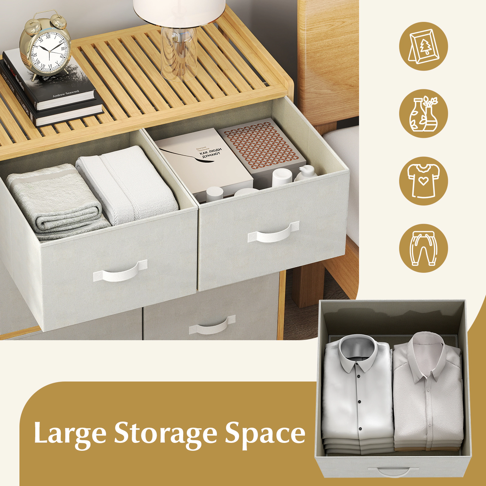 SUGIFT Fabric Dresser 6 Drawers & Folding Fabric Bins 44-lb Top Capacity 22-lb Drawer Capacity Bedroom Storage Chest