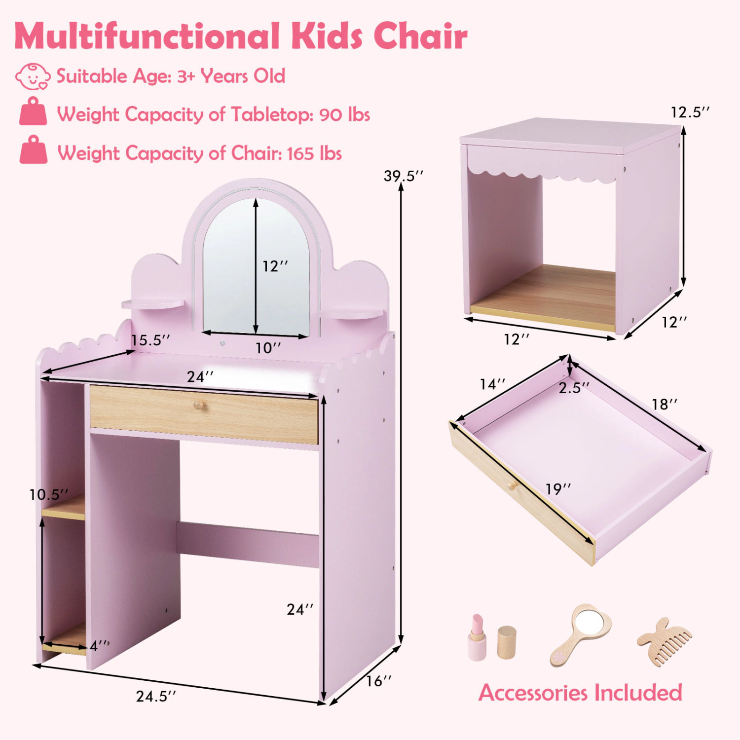 Hivvago Pretend Makeup Dressing Table Set With 2 Small Shelves And Compartments