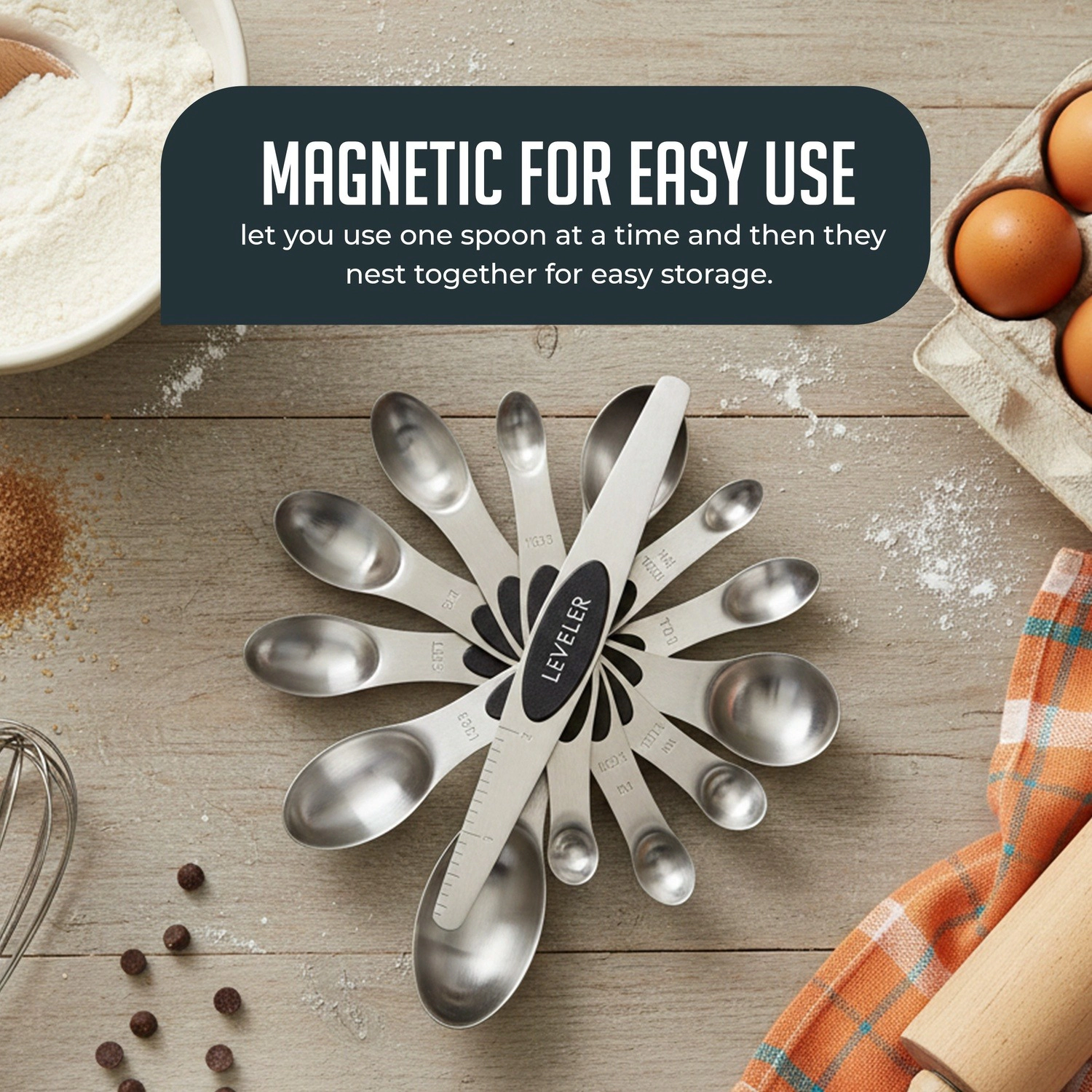 Luminuxe Magnetic Measuring Spoons with Leveler Set, Dual Sided Stainless Steel, Strong N40 Magnets Nesting Spoon