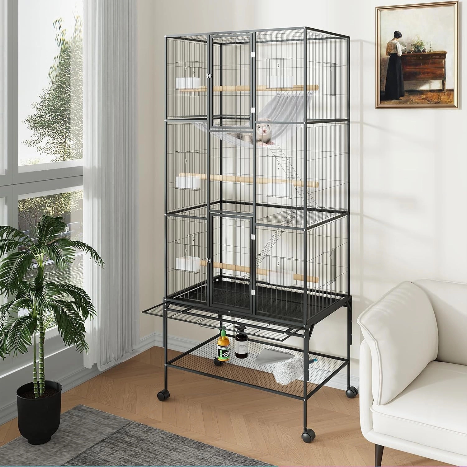 69-Inch Tall Large Metal Parrot Bird Cage, Rolling Stand Flight Aviary for Pet Parrots, Black