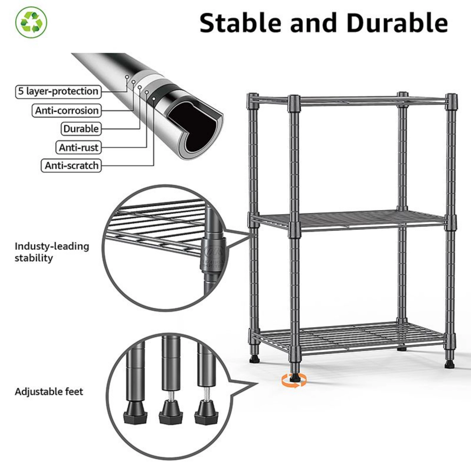 Flynama 3 Tier Utility Wire Shelving 450 lbs Steel Organizer Rack for Home Kitchen and Office in Chrome