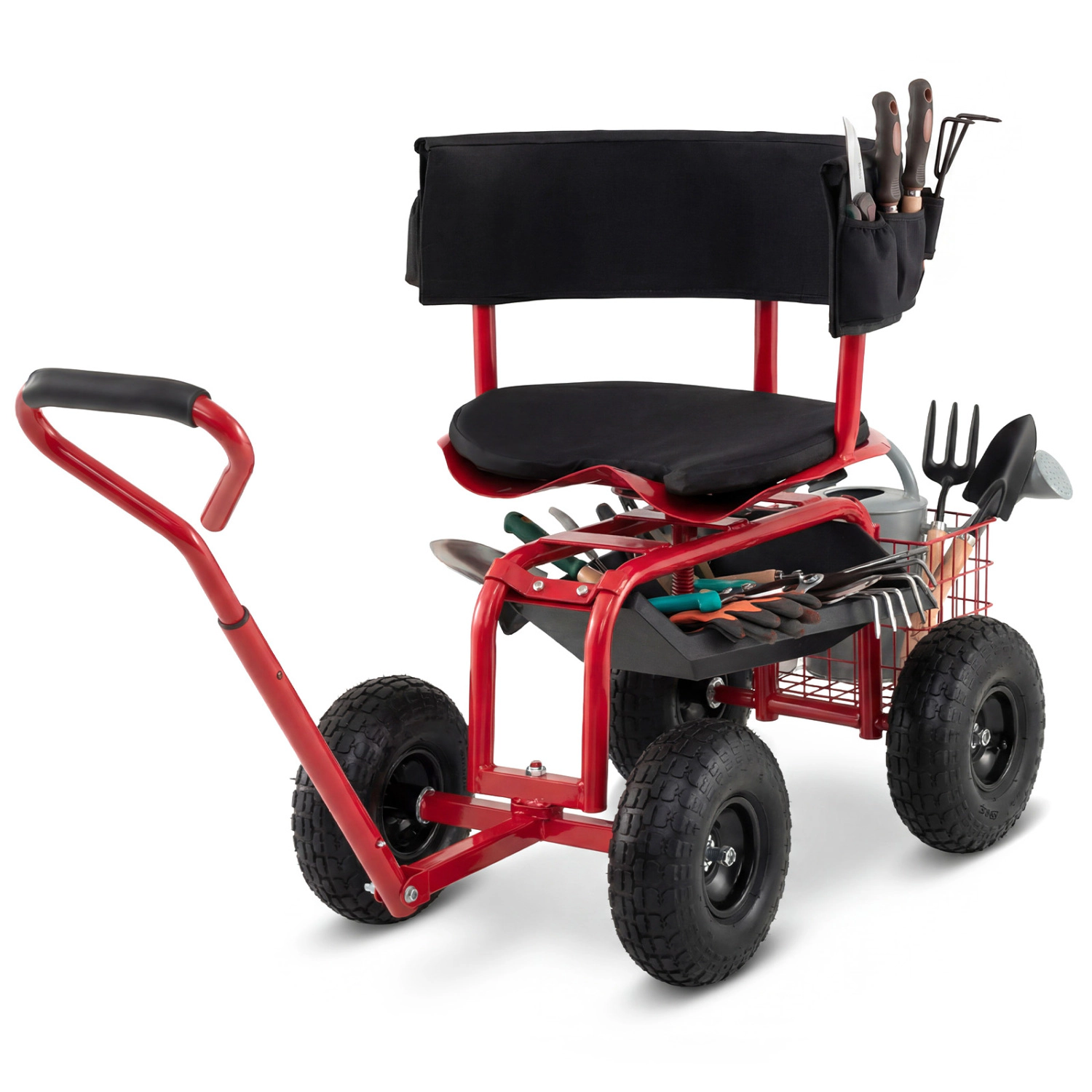 LJG Cushioned Rolling Garden Cart Scooter with Storage Basket and Tool Pouch