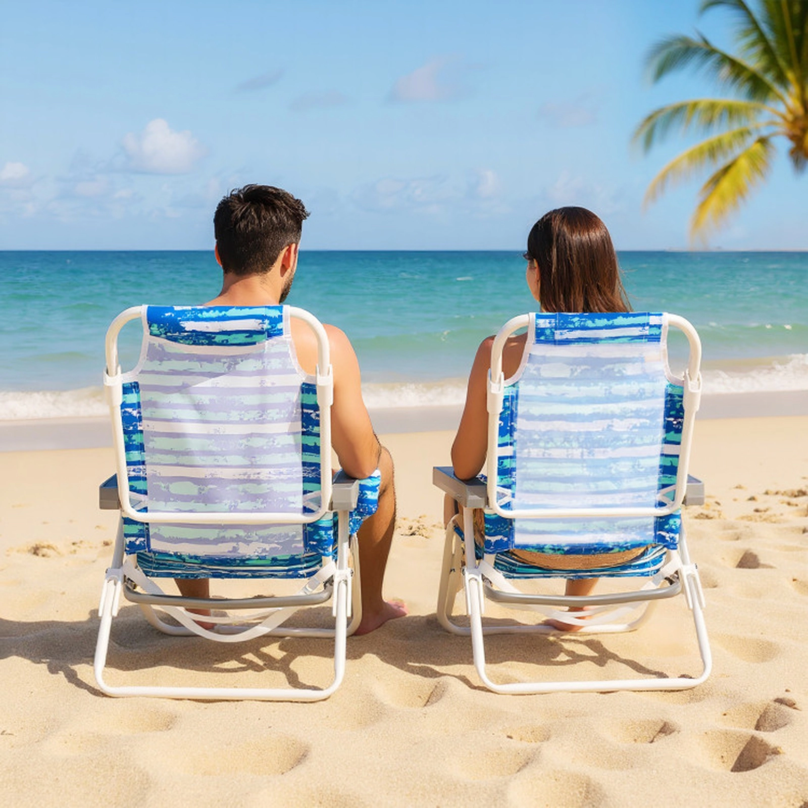 SUGIFT Set of 2 Blue Folding Beach Chairs with Lay-Flat Backrests