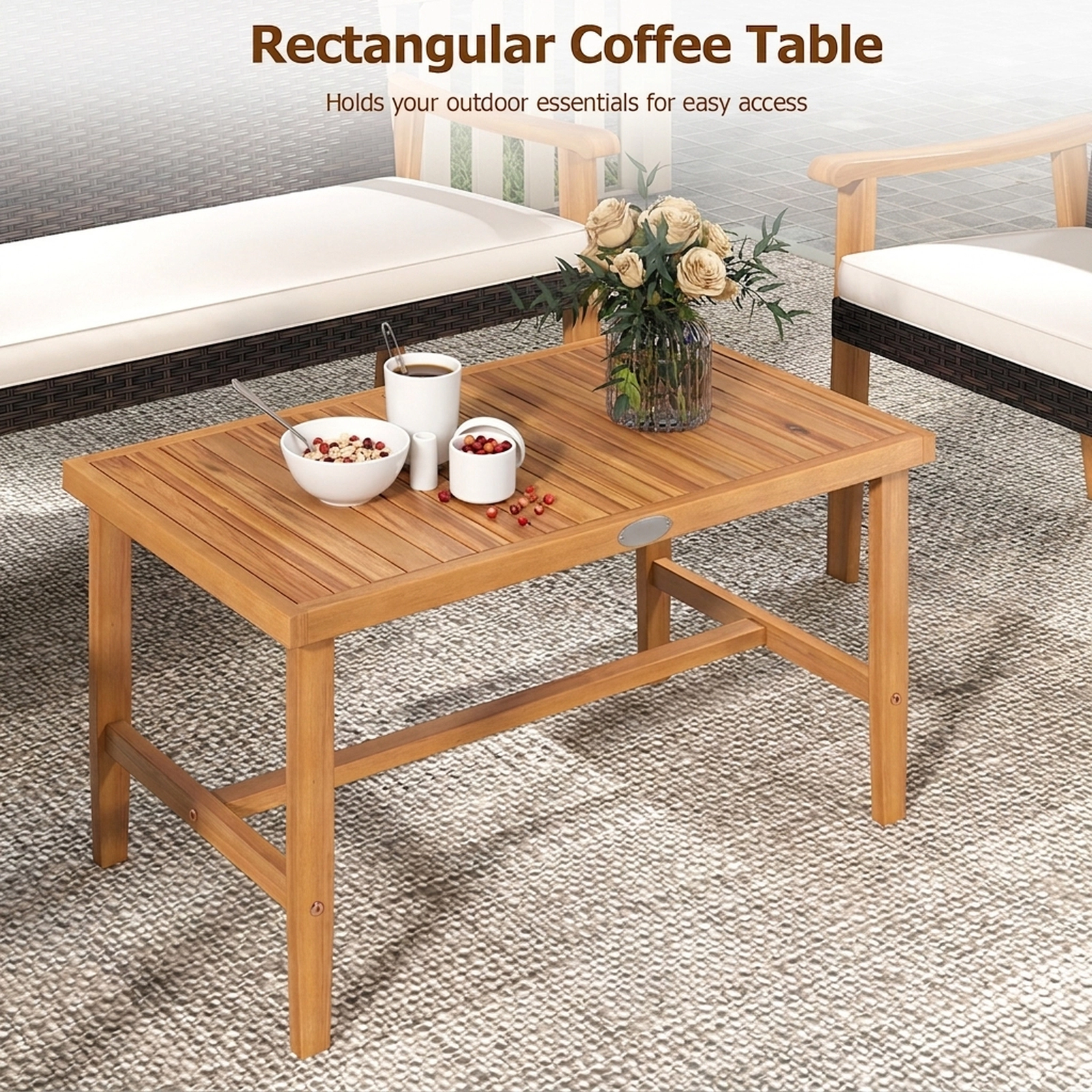SUGIFT 4-Piece White Rattan Patio Set with Loveseat, 2 Chairs and Acacia Coffee Table