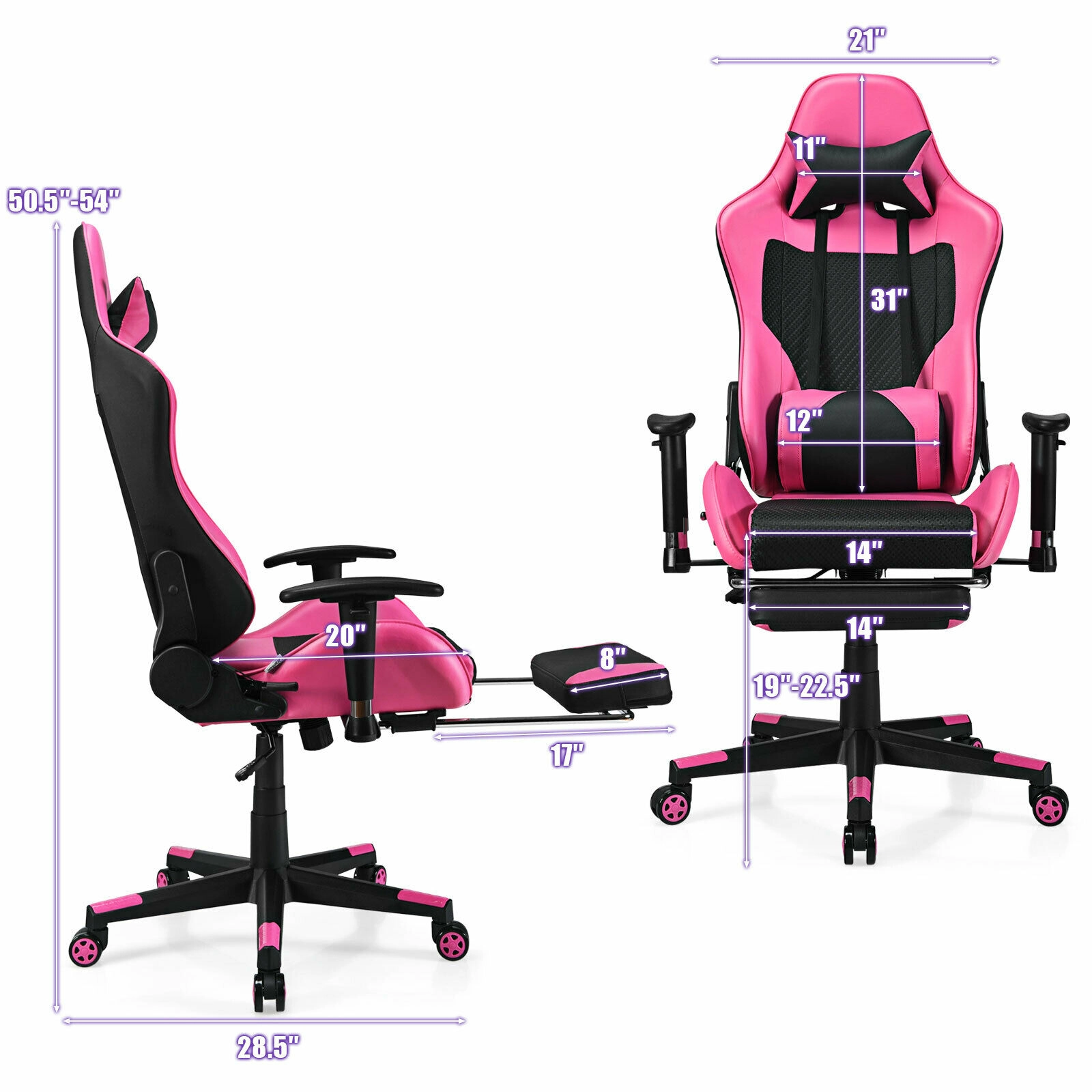 SUGIFT Pink USB Massage Lumbar Pillow and Retractable Footrest PU Leather Gaming Chair