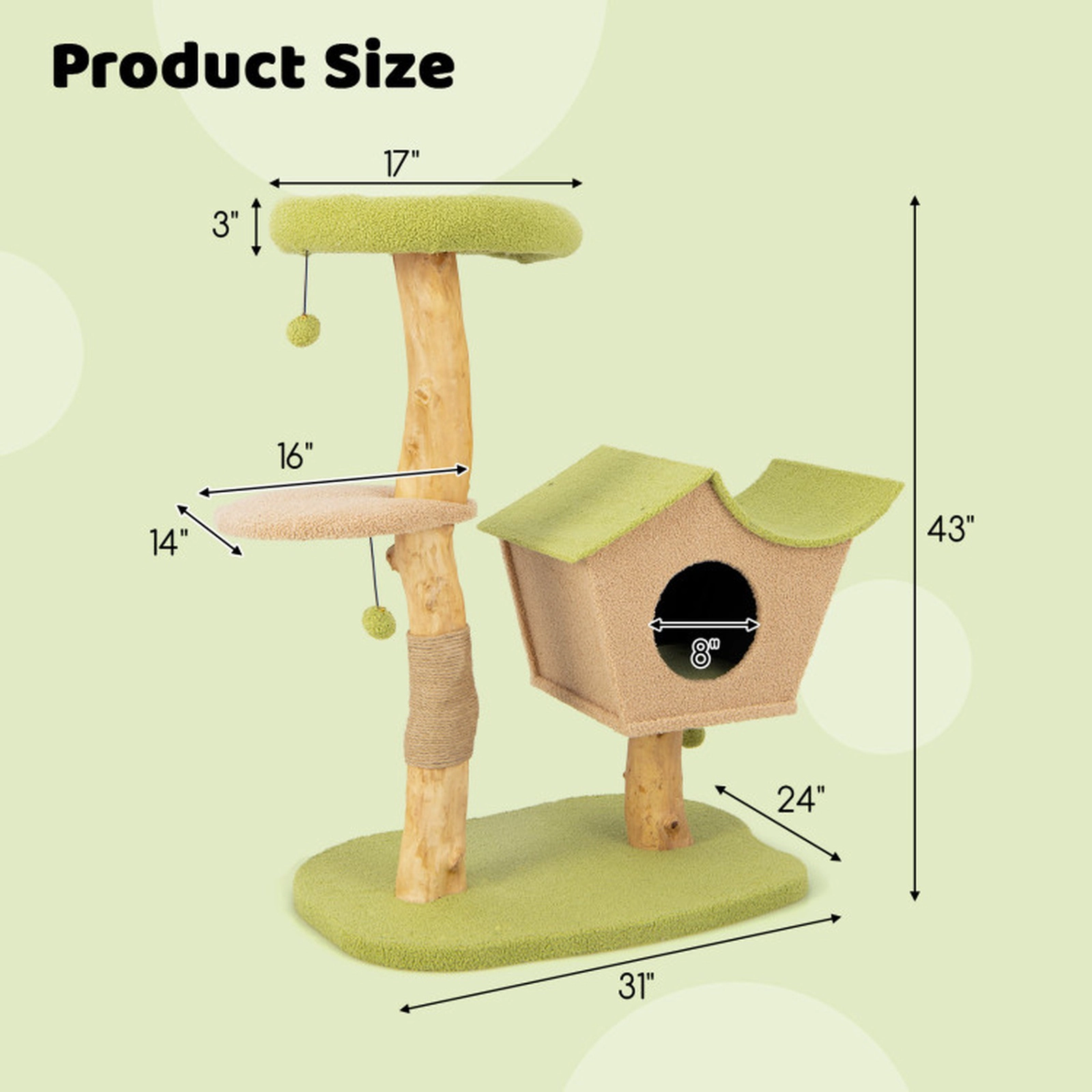 SUGIFT 43-in Wooden Cat Tree with Vented 2-Entry Condo Padded 17-in Top Perch Jute Posts and Bell Toys