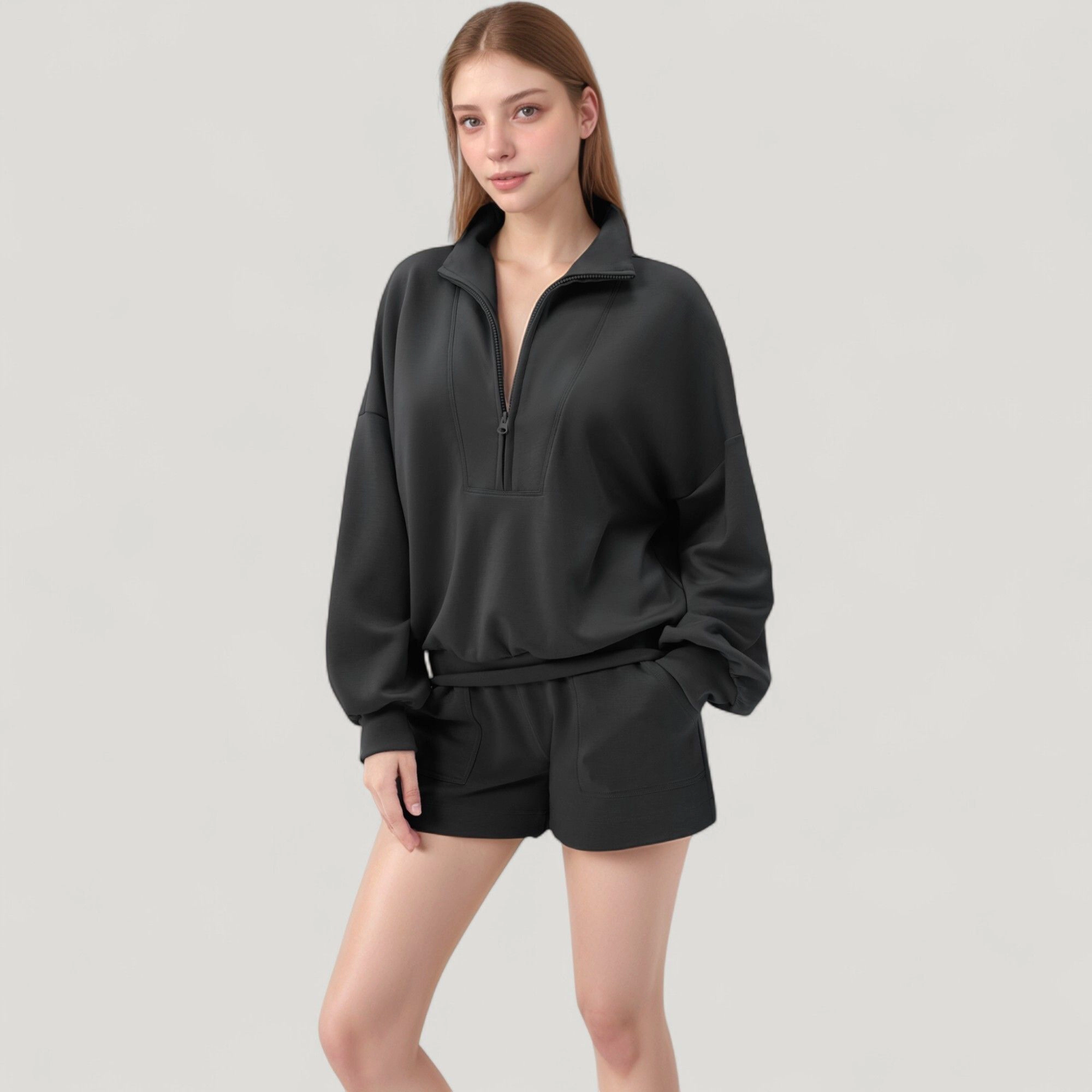Anna-Kaci Women's Long Sleeve Woven Half-Zip Pullover Top with Stand Collar and Elastic Cuffs