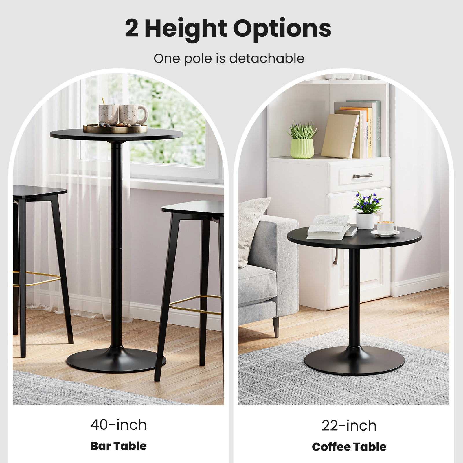 SUGIFT Black Round Cocktail Table, 24-Inch Top, 40-Inch Bar Height, Metal Pedestal Base