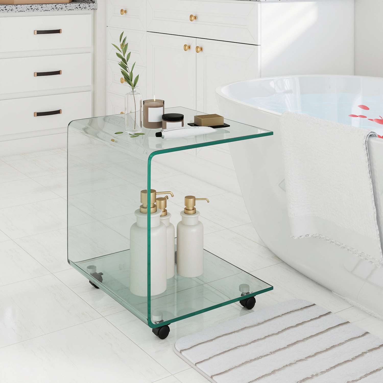 LJG C-Shaped End Table Modern Tempered Glass Side with Shelf