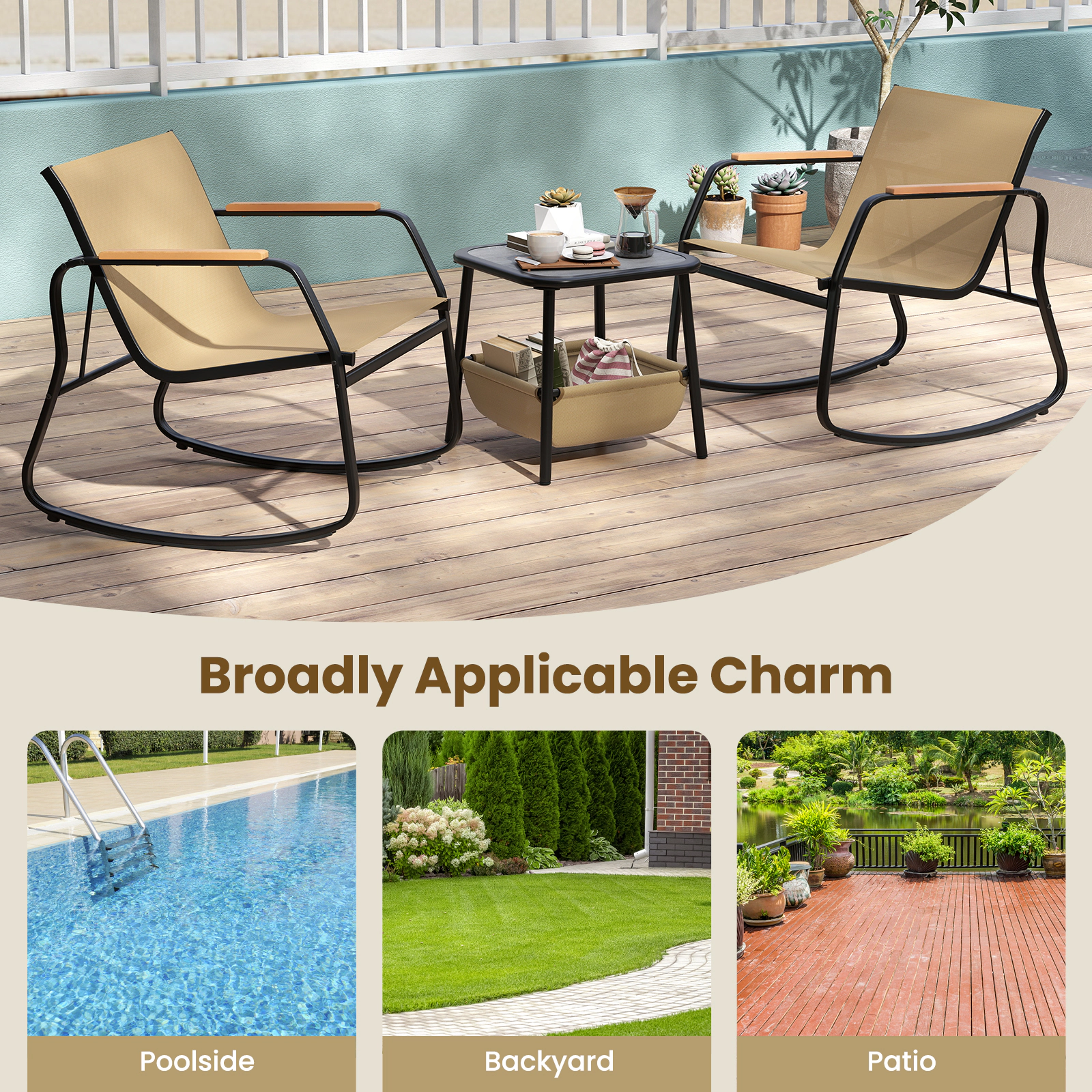 SUGIFT 3-Piece Rocking Bistro Chairs and Side Table Set 330-lb Chair Capacity Black + Brown