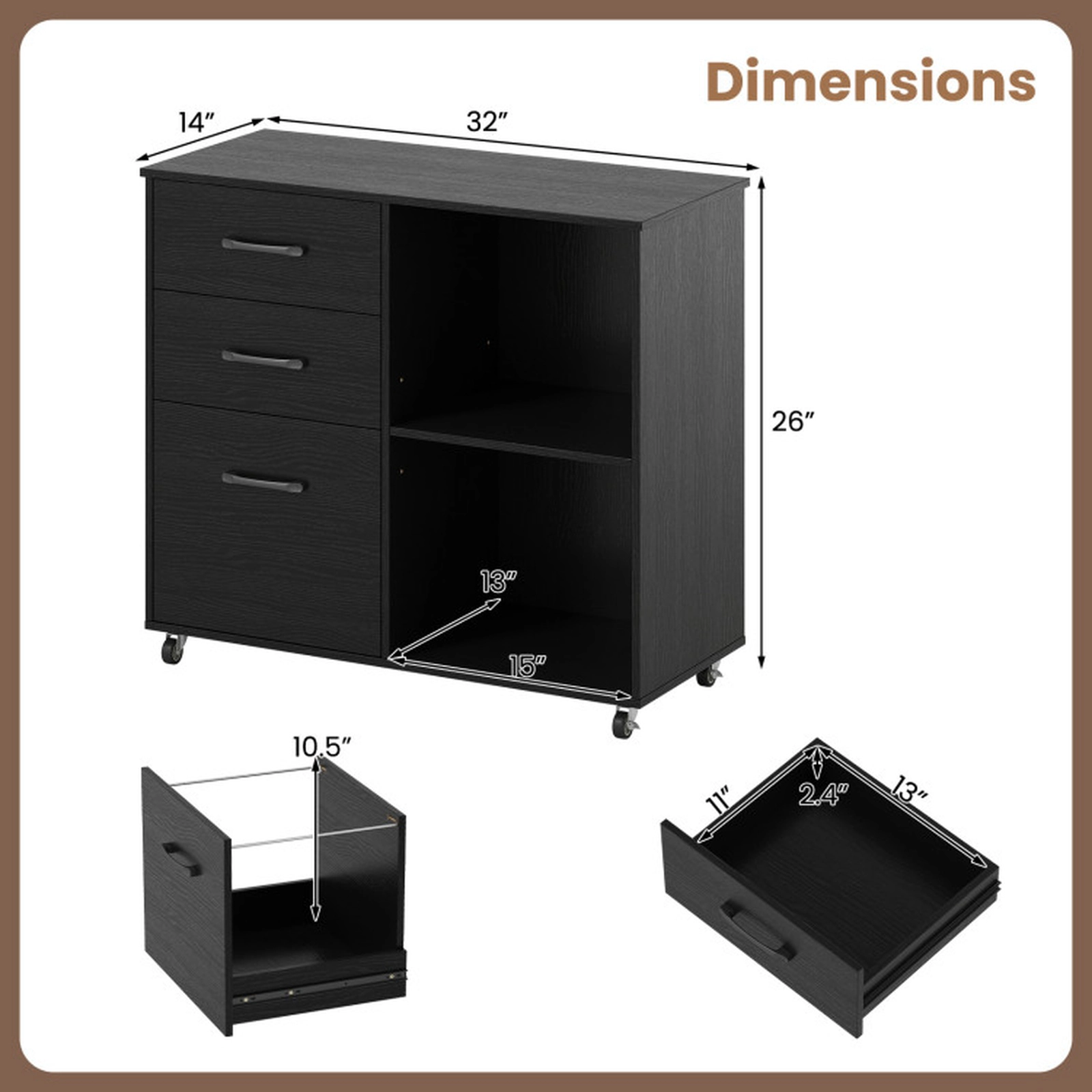 SUGIFT 3-Drawer Mobile Lateral File Cabinet Printer Stand with Side Storage