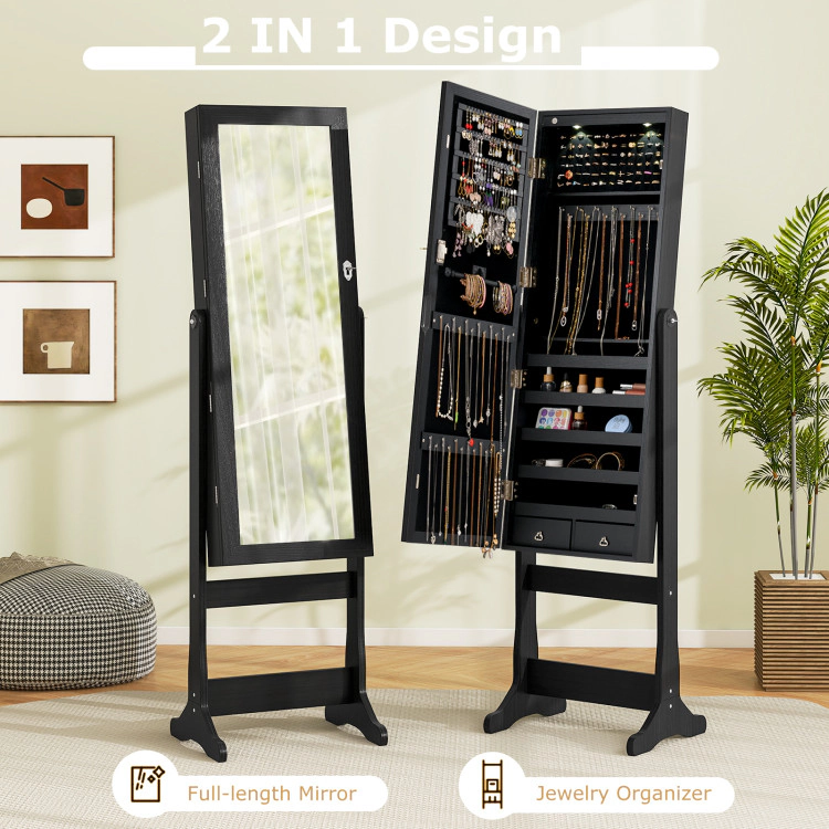 Hivvago Lockable Freestanding Jewelry Cabinet Armoire with Full-Length Mirror and Lights