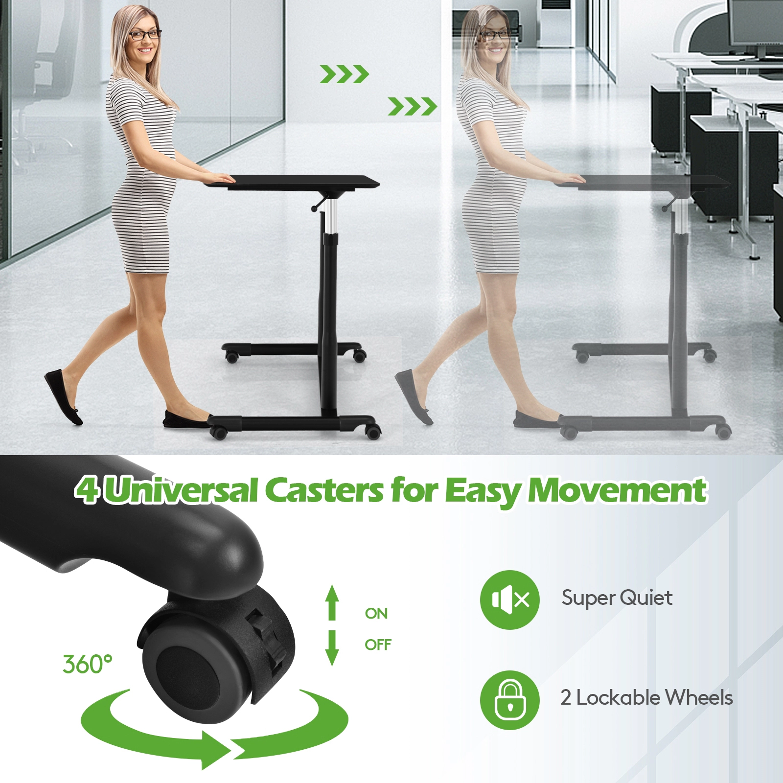 SUGIFT Height Adjustable Rolling Computer Desk 66-lb Capacity 37.5-in Work Surface Black White Brown Natural