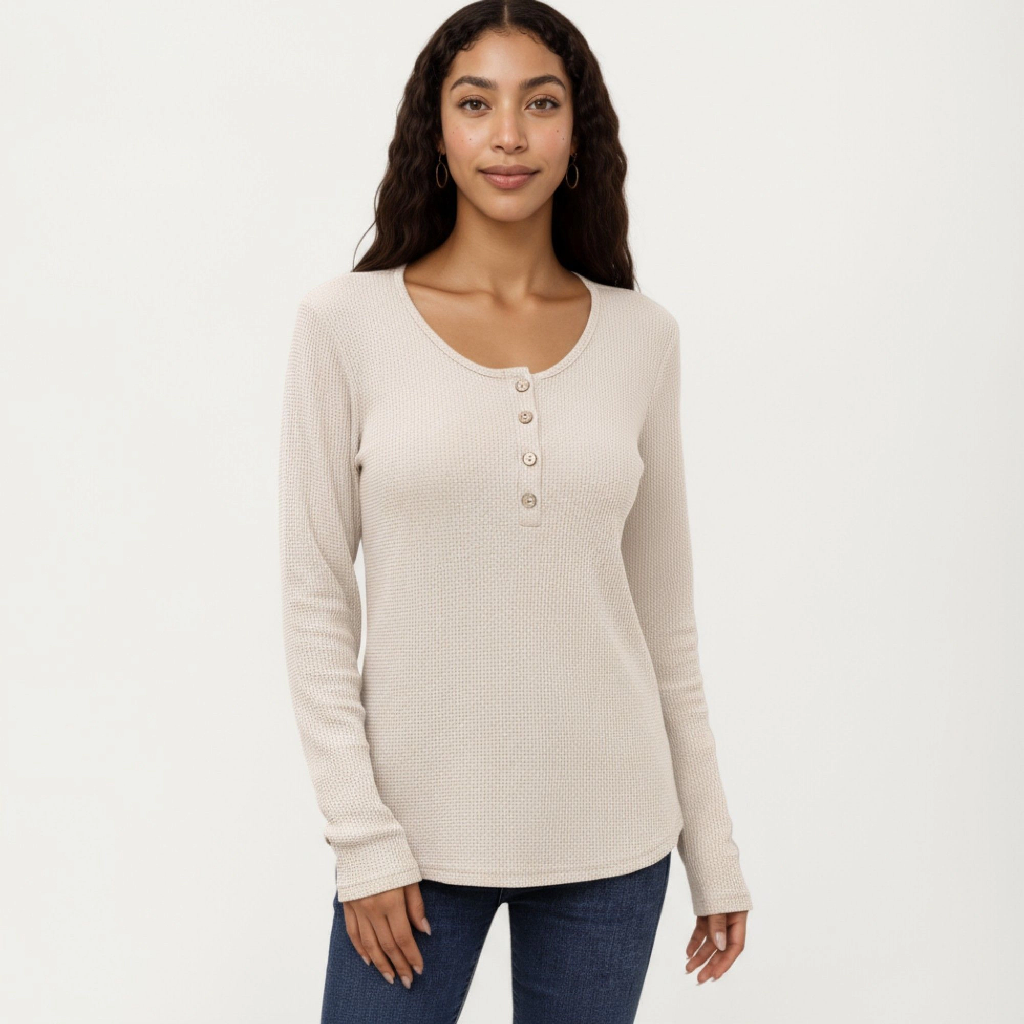 Anna-Kaci Women's Textured Knit Scoop Neck Button Front Long Sleeve Top