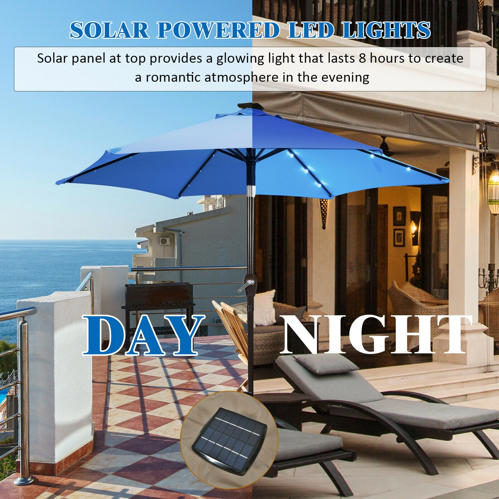 SUGIFT Push Button Tilt and Crank Lift 9 FT Solar LED Lighted Market Patio Umbrella